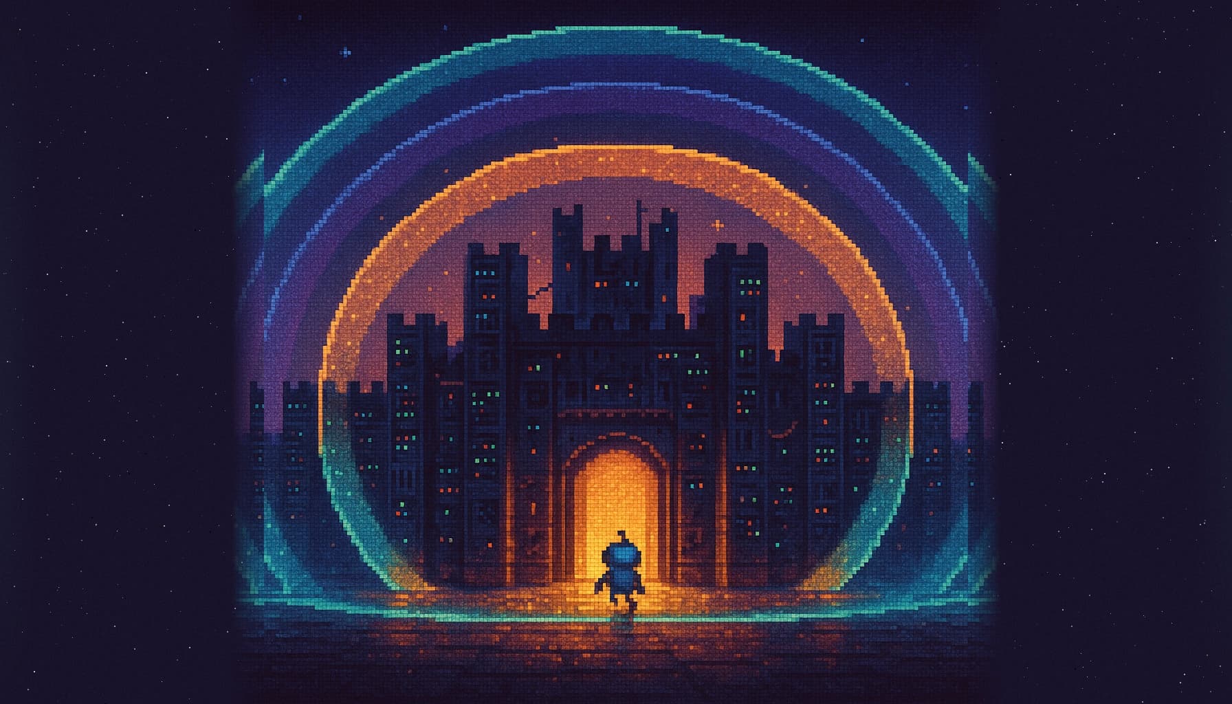 Pixel art of a fortress made of server racks with concentric glowing shield layers, its inner gate open with warm golden light spilling out — security through architecture