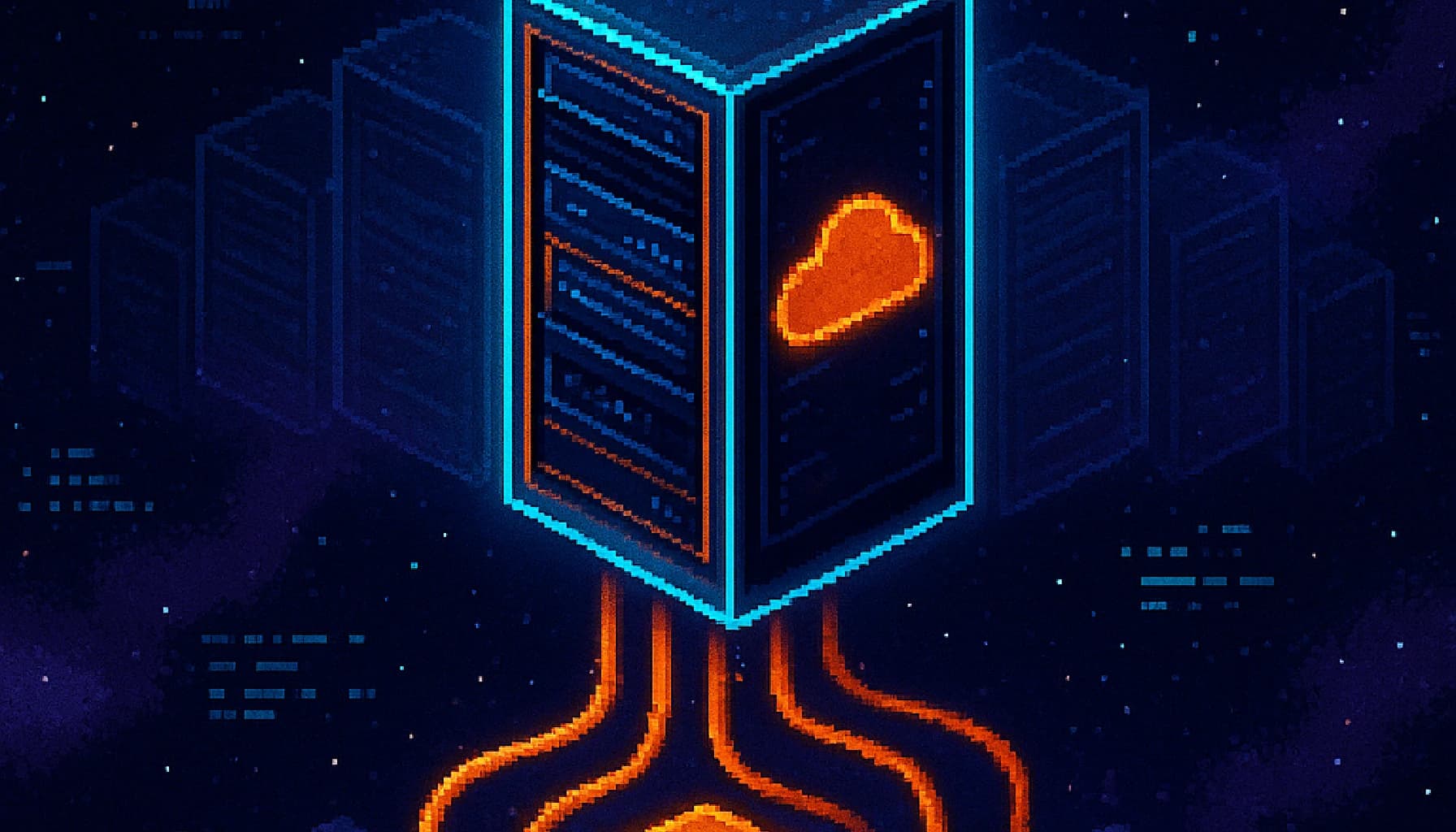 Pixel art of a glowing server rack in space with ghostly afterimages of previous instances fading behind it, while a golden EBS data volume persists below — the cloud-init iteration cycle