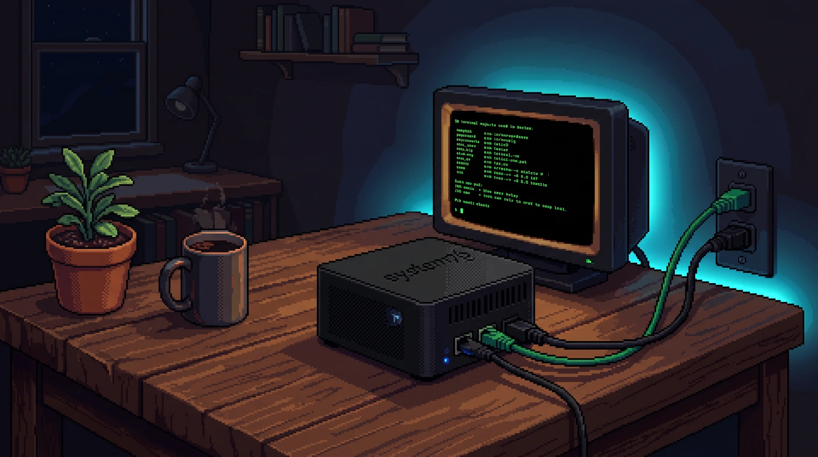 Pixel art of a small Linux server on a desk with a glowing terminal, cozy home office vibes