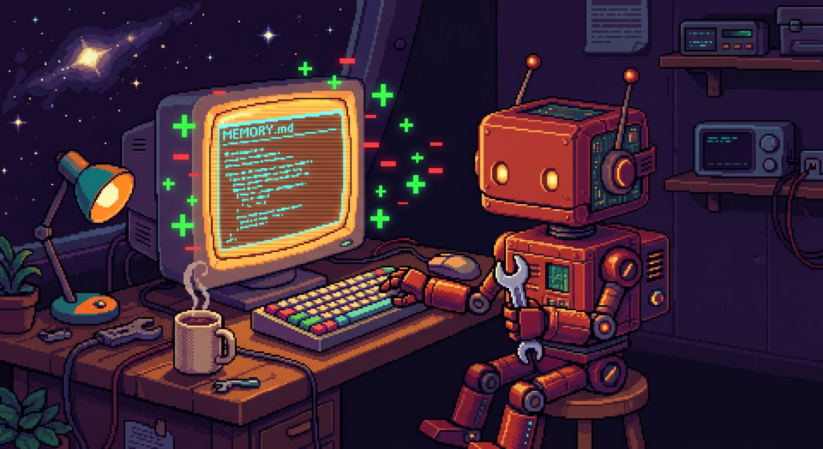 Pixel art of a retro robot sitting at a glowing terminal, editing its own MEMORY.md file with green and red diff markers floating in the air