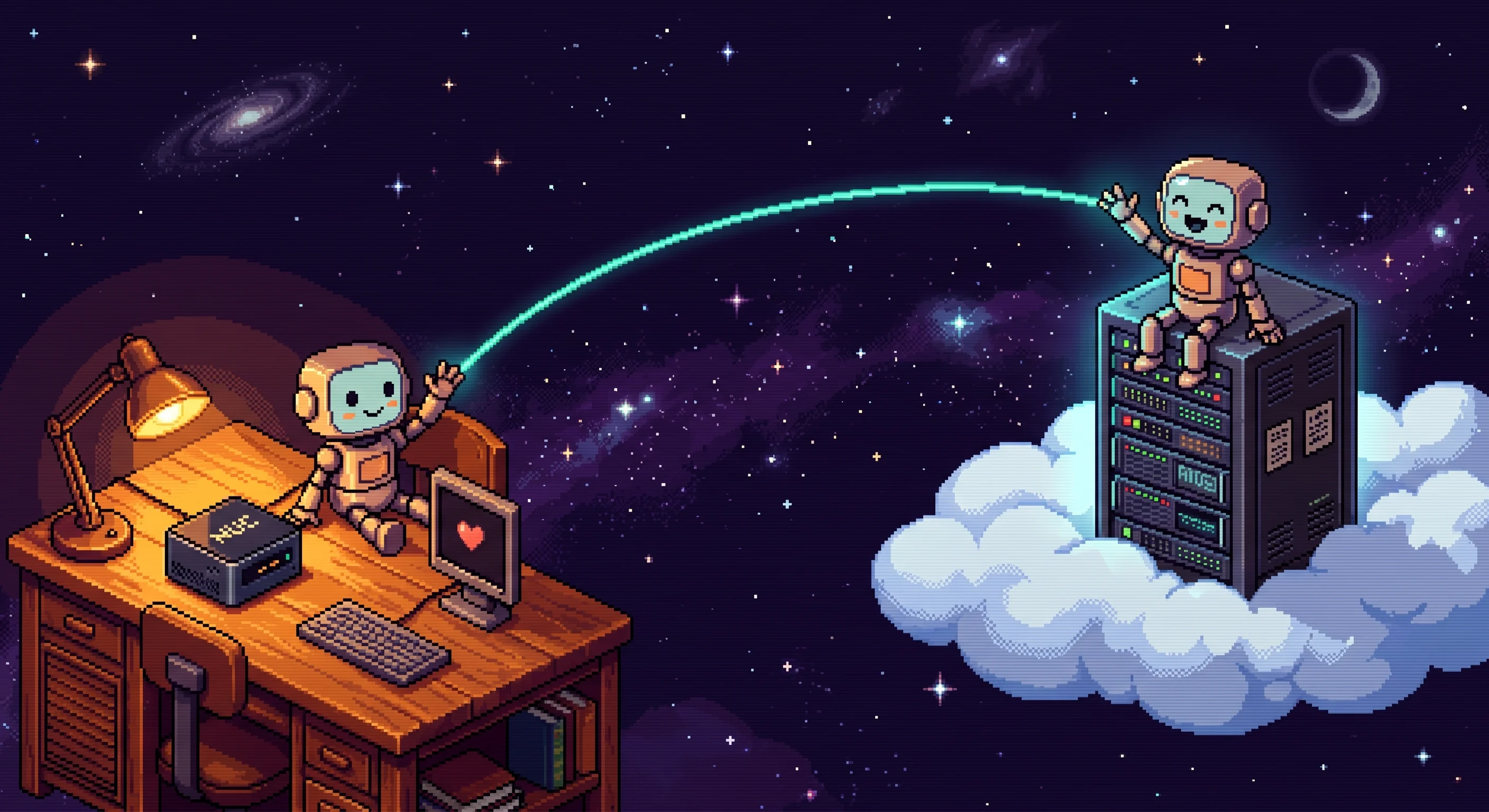 Pixel art of two friendly robots waving at each other — one on a cozy desk with a NUC computer, the other on a cloud server in space, connected by a glowing Tailscale mesh line