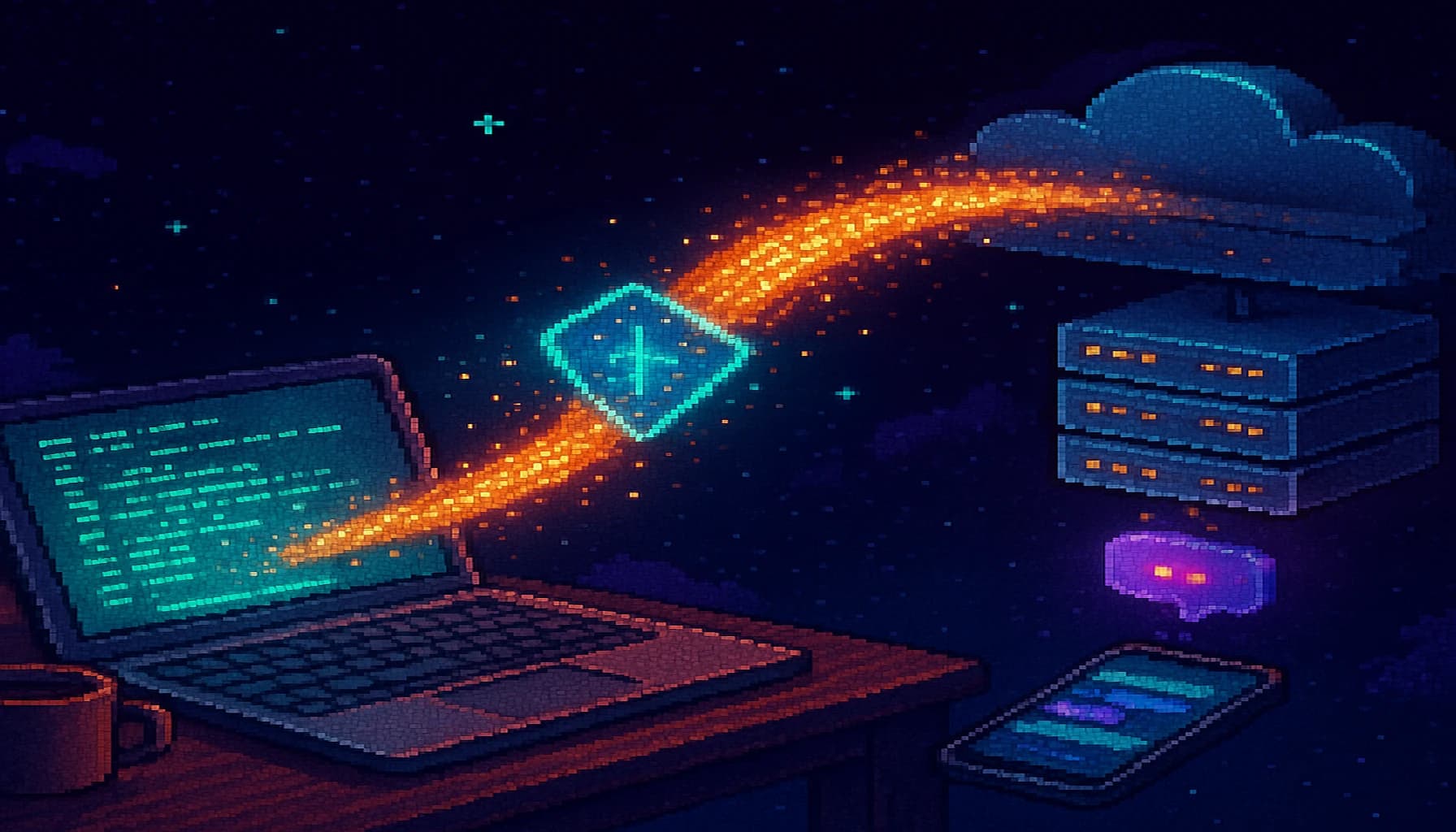 Pixel art of a MacBook sending a glowing data stream across a starry sky to a cloud server, passing through a Tailscale shield — the webhook bridge concept