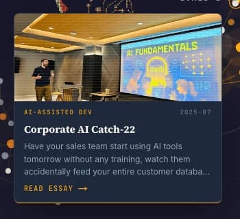 A preview card surfaced by the hero: Corporate AI Catch-22, with its category, date, hero image, and opening paragraph