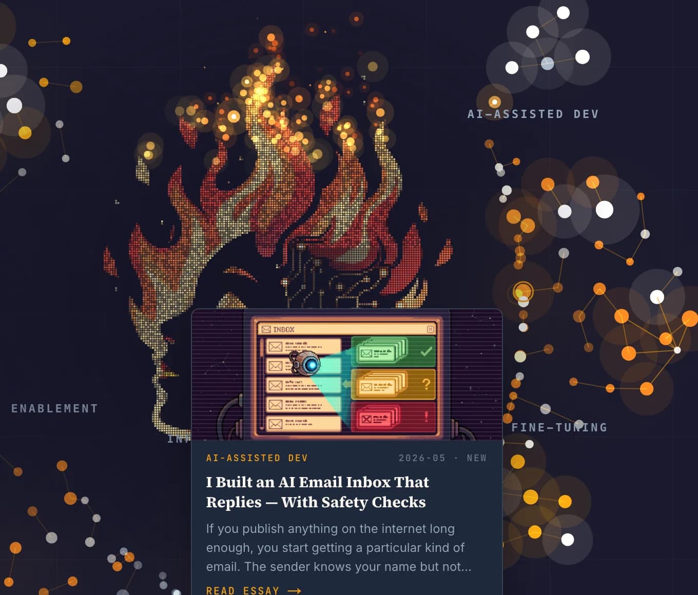Close-up of the flame crown: ember meteors glowing around the fire, and a preview card for a recent essay carrying a NEW tag