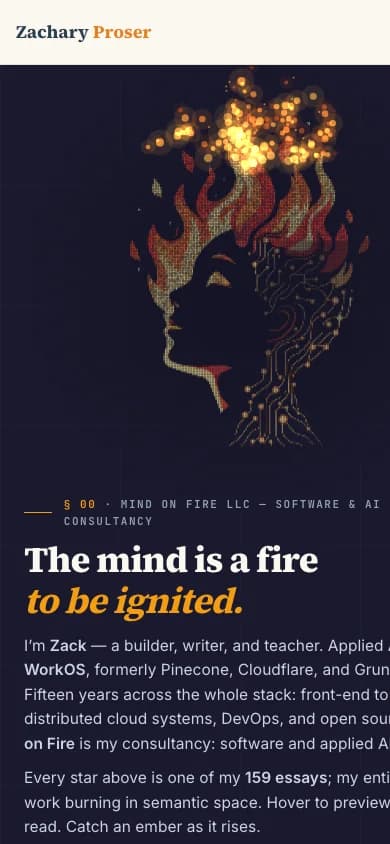 Mobile layout: the burning mark alone in a band above the copy and newsletter capture