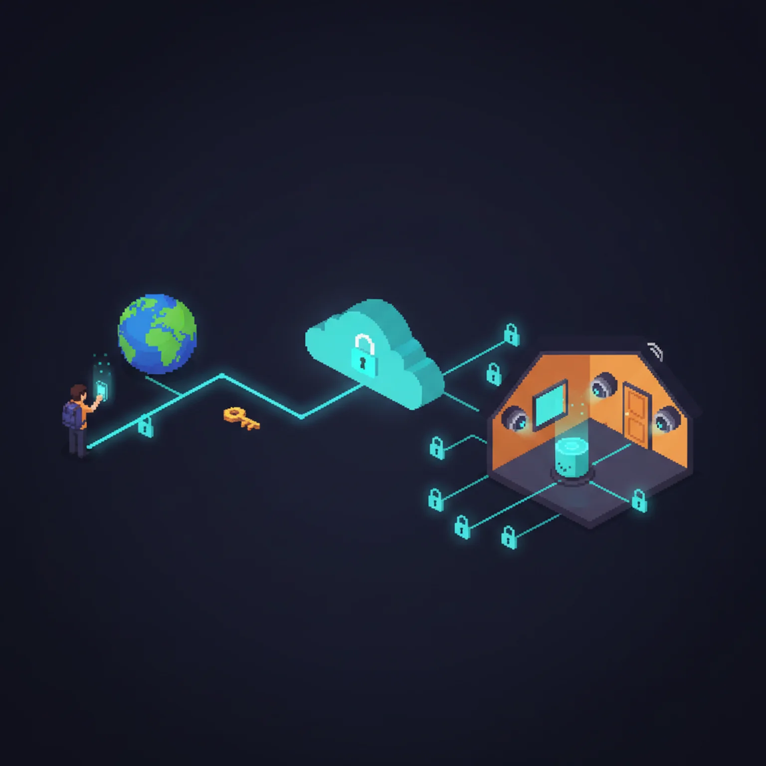 Pixel art diagram of secure remote Home app access: a traveler with a phone beside a globe on the left, an end-to-end-encrypted path marked with padlocks and a key leading through a locked cloud relay in the center, into a home with a hub puck that fans out to the cameras on the right