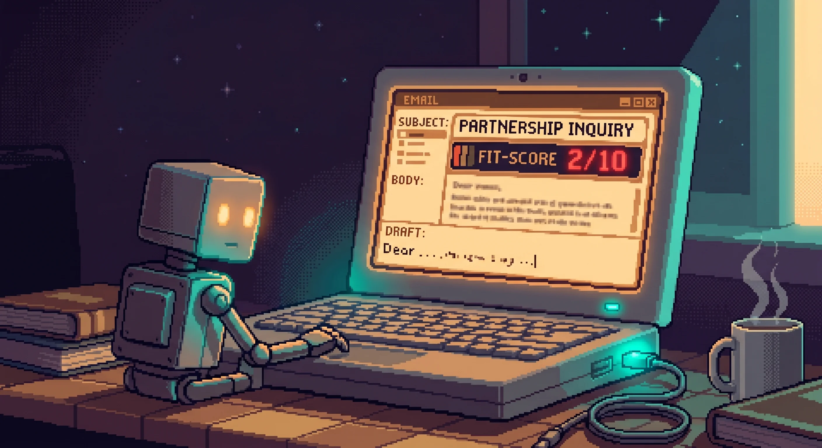 Pixel-art scene: a robot sits at a laptop reading an inbound email with a low fit-score, drafting a polite decline in the side panel