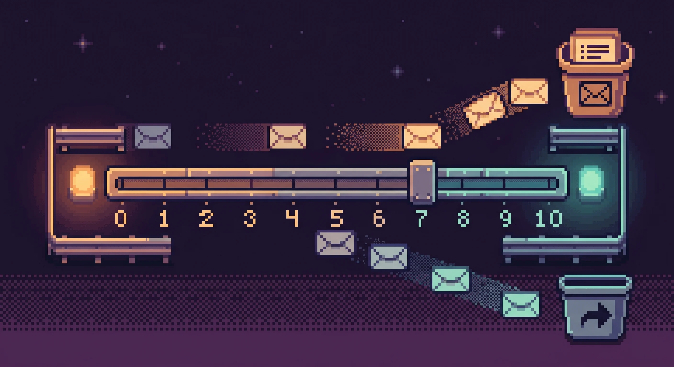 Pixel-art threshold gauge: emails above a fit score of 7 route to auto-reply, below to manual review