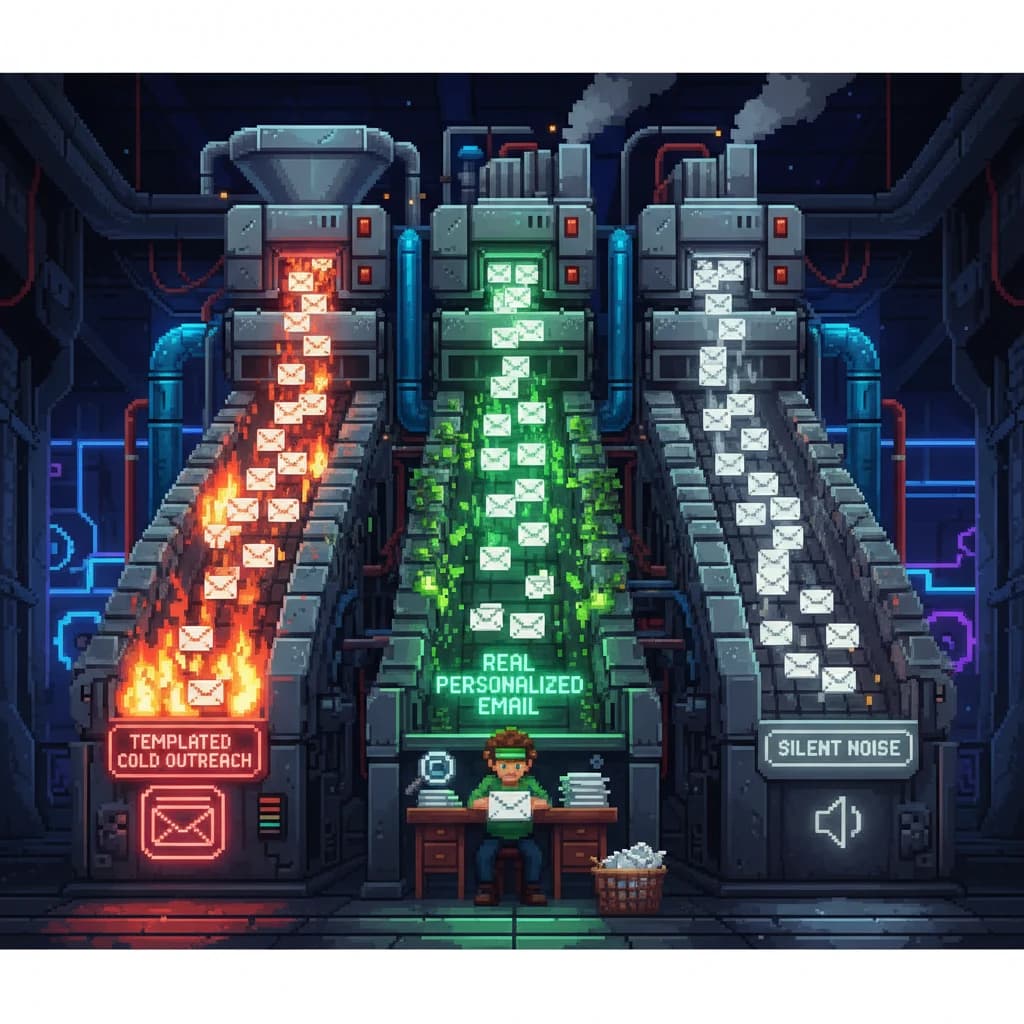Pixel-art scene: a 16-bit envelope sorter splitting inbound mail into three chutes — a flaming auto-reply chute for templated cold outreach, a human-review chute for real personalized email, and a silent label chute for noise