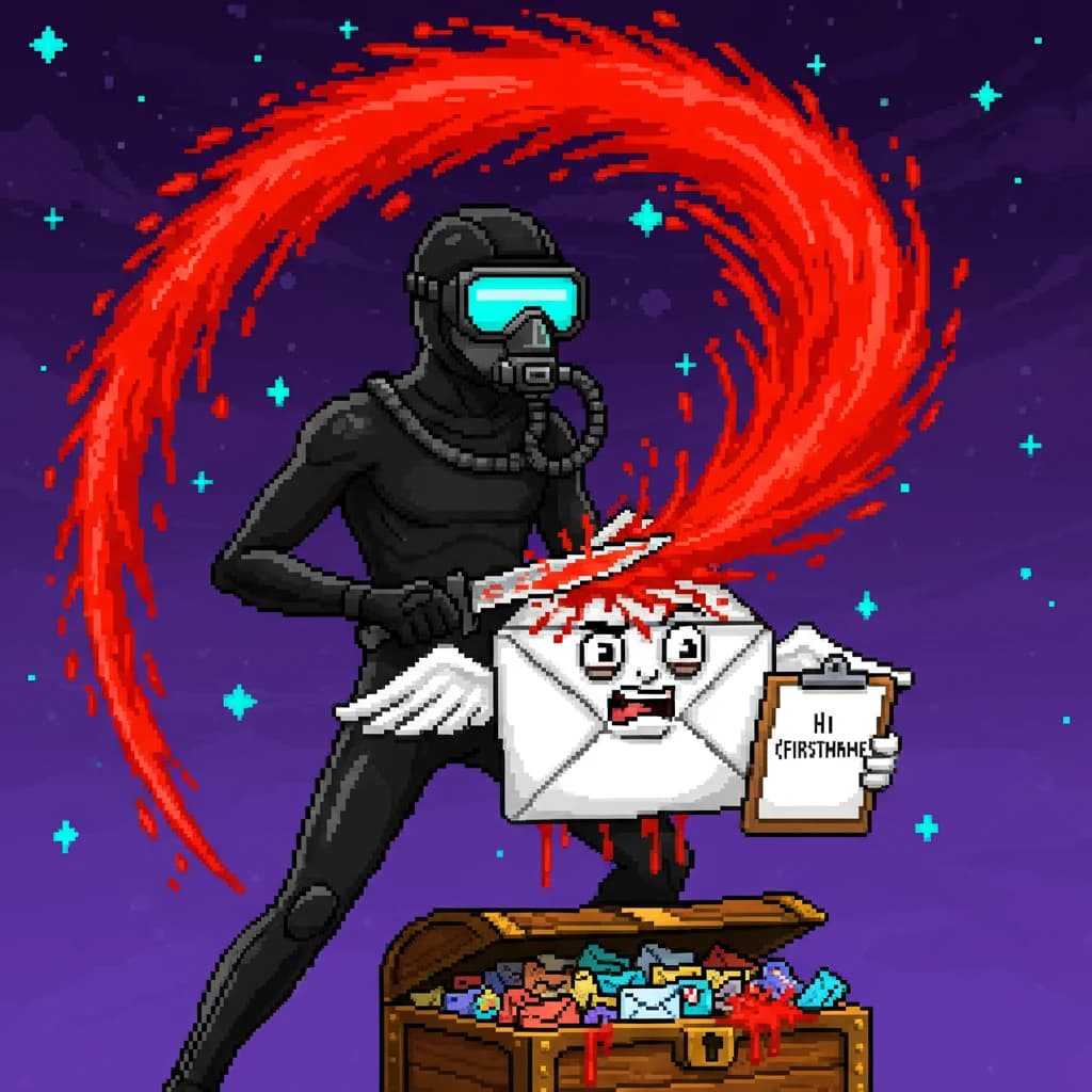 Pixel-art scene in Hotline-Miami / Mortal-Kombat-arcade register: a black-clad Navy SEAL frogman in wetsuit + diving mask + glowing cyan visor emerges from behind an unaware anthropomorphized spam-email — a smug winged white envelope clutching a 'HI {FIRSTNAME}' clipboard — and draws a combat knife across its paper neck. Bright red pixel-art blood arcs overhead in exaggerated arcade-game splatter. Treasure chest of letters at the base, deep purple cosmic night sky behind