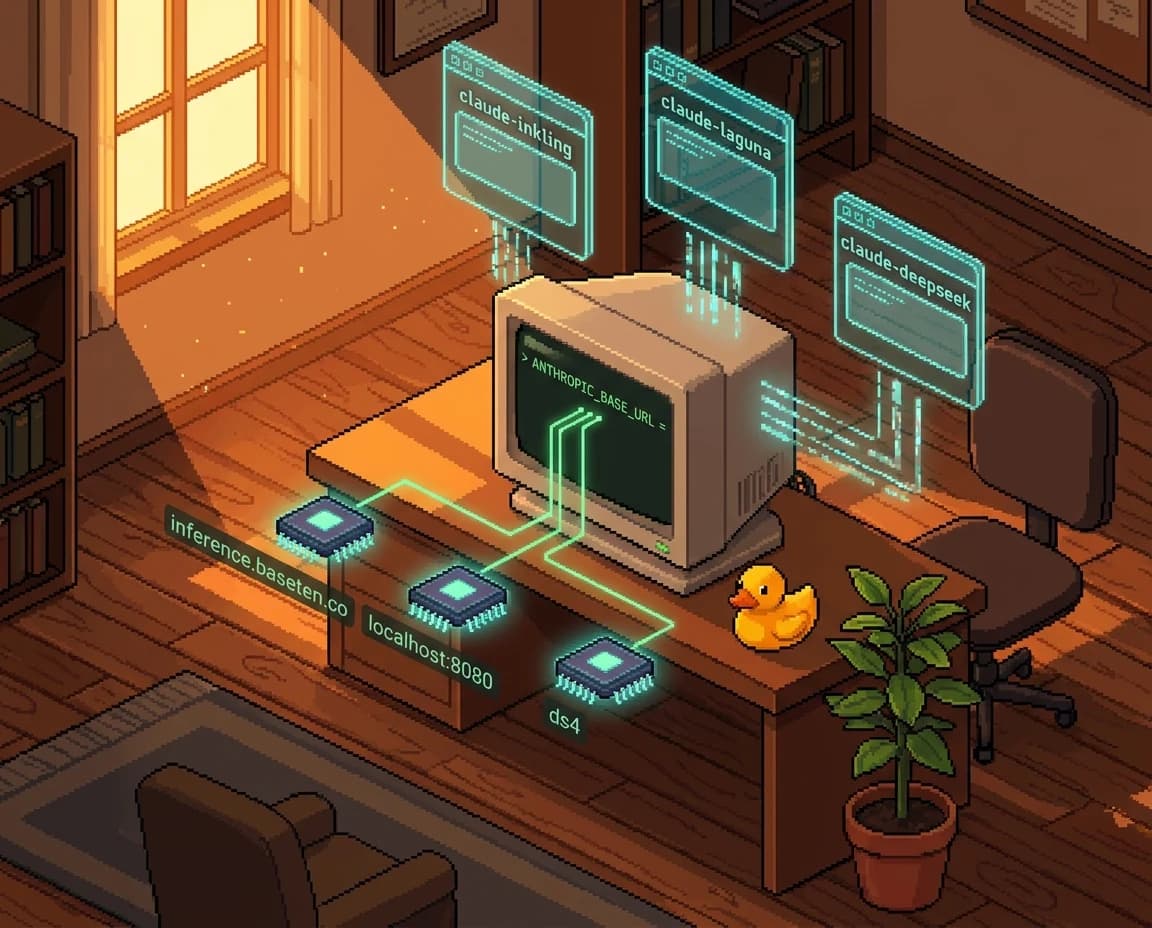 Pixel art of a desk with a CRT showing ANTHROPIC_BASE_URL, floating terminal cards labeled claude-inkling, claude-laguna, and claude-deepseek wired to chips labeled inference.baseten.co, localhost:8080, and ds4