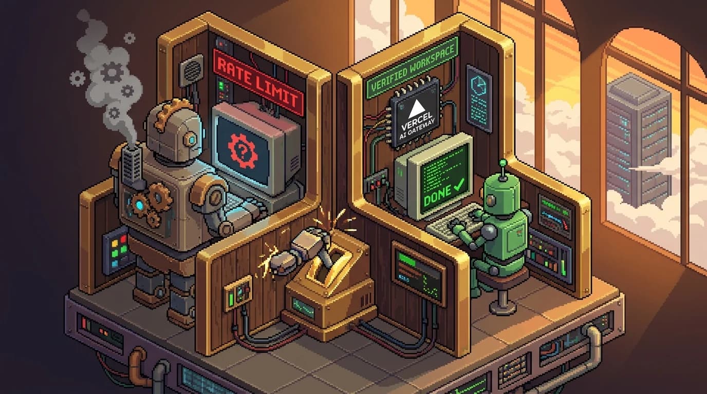 Pixel art of a smoking bronze robot at a terminal under a red RATE LIMIT banner, while a small green robot finishes the job at a working terminal wired to a Vercel AI Gateway chip