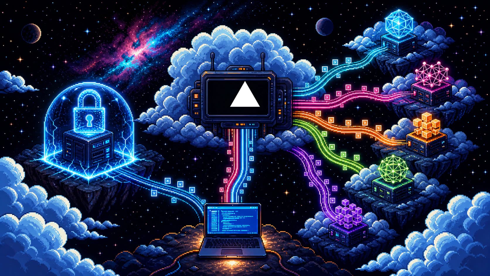 Rich pixel art in a black starfield: a laptop routes one cyan request path into a locked local inference server while colorful request packets transit a cloud appliance bearing the exact white Vercel triangle and fan out to five model providers