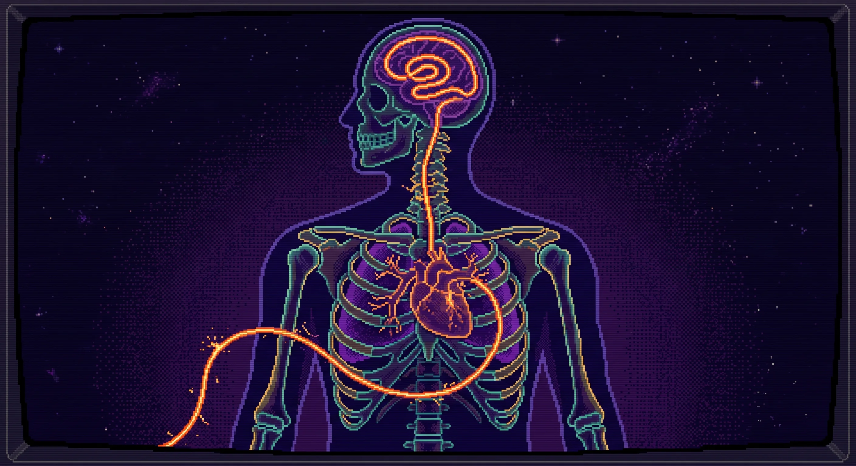 A pixel-art interior chest X-ray view of an anonymous silhouetted figure, with a glowing electric orange wire threaded through heart, lungs, and brain, sparking faintly in the deep purple-dark cavity