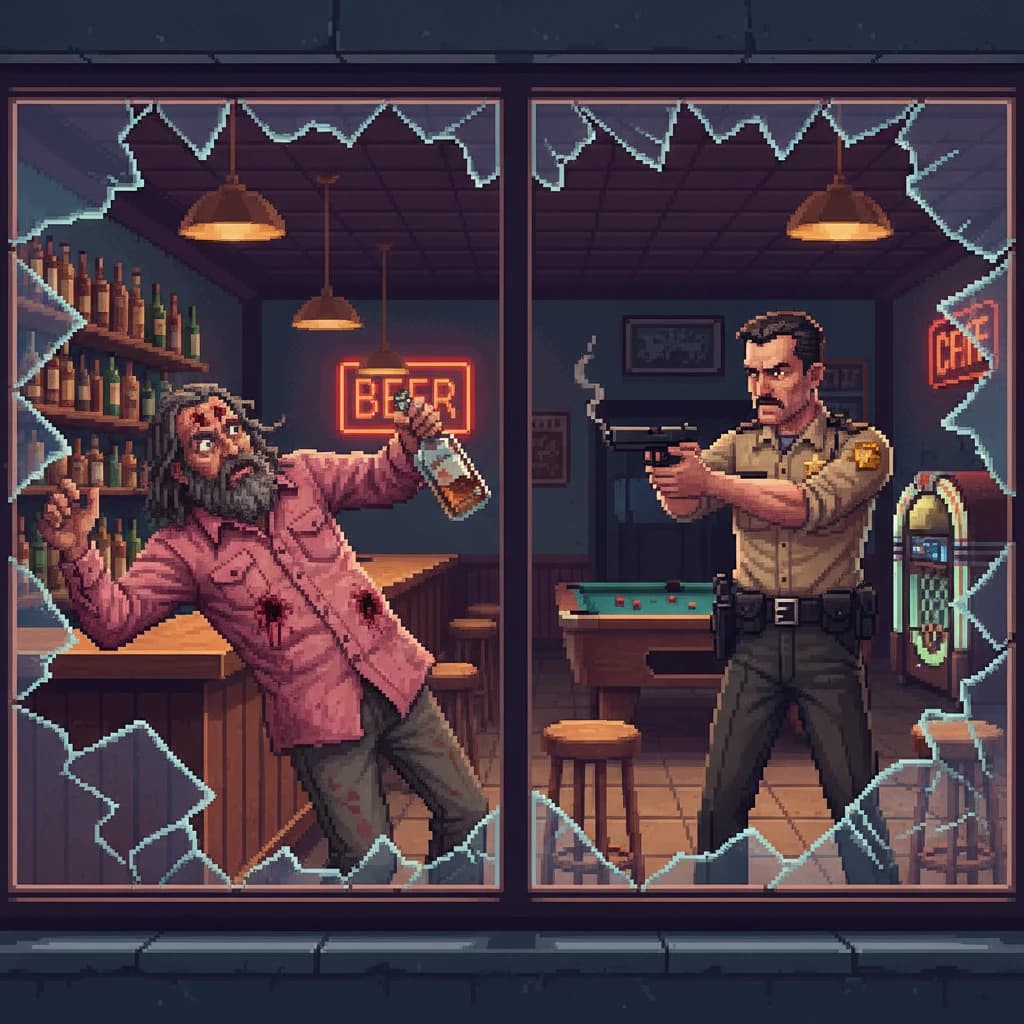 Pixel art of the Eddington bar shooting scene seen through a shattered bar window: a bearded drifter in a dirty pink shirt stands behind the wooden bar counter with bullet wounds in his chest and forehead, liquor bottle slipping from his hand, facing the shooter — a mustachioed modern American sheriff in tan uniform on the right side of the frame with his Glock drawn
