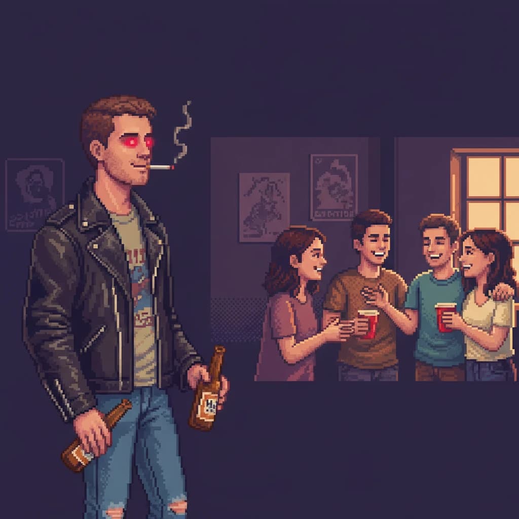 Pixel art of a young man in an open black leather jacket and faded shirt standing on the outside of a college dorm party, eyes glowing bright cherry-pie red, a lit cigarette in his mouth with smoke curling up past his face, a longneck beer bottle held by the neck in his other hand, a small cluster of students chatting in the right side of the frame with red cups, oblivious to him