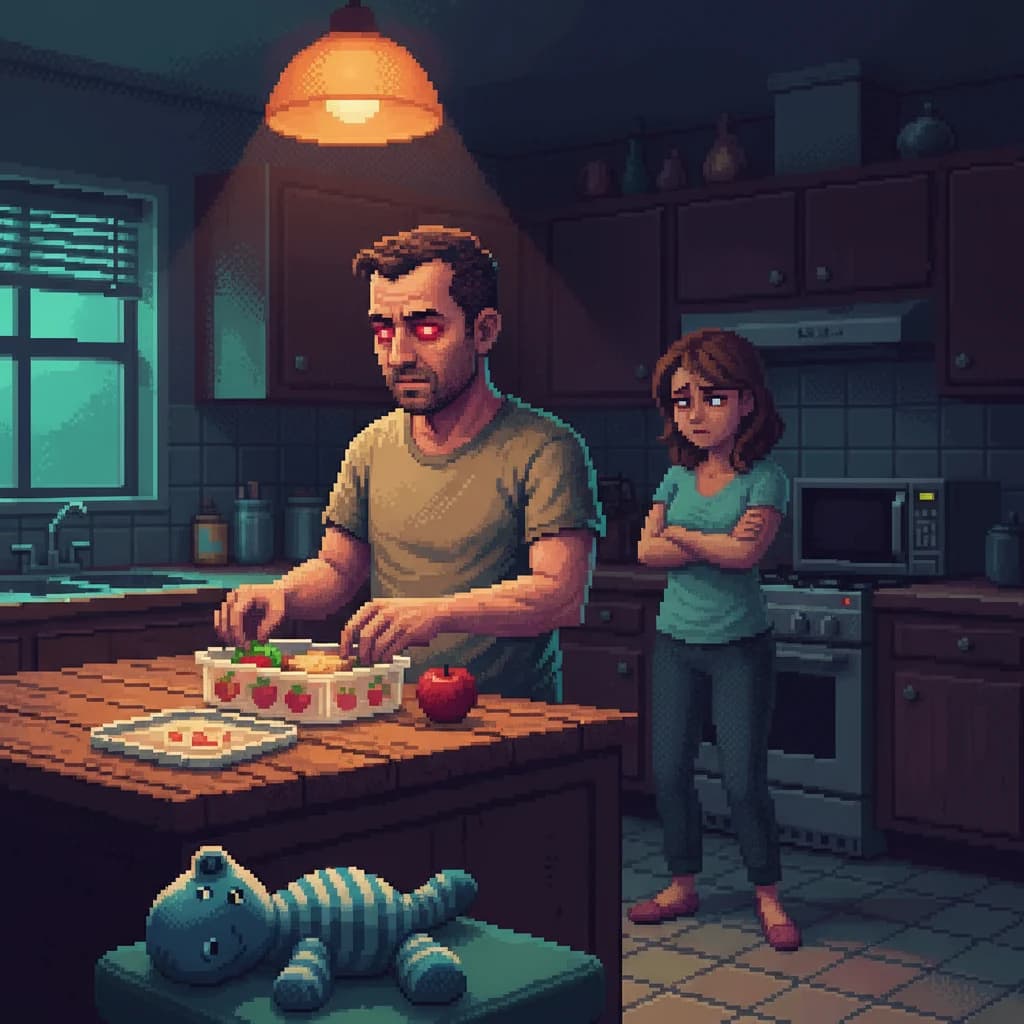 A man with bright cherry-pie red bloodshot eyes works alone at a kitchen counter late at night, a half-finished domestic task in front of him, his partner standing in the dim middle ground with arms crossed and a frustrated expression, a child's toy visible in the soft-focus foreground