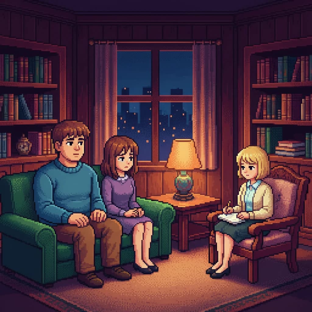 A tall man and a smaller woman seated side by side on a green sofa in a cozy therapy office, a short blonde woman therapist seated across from them in a wooden armchair with a notepad on her lap, warm lamp light, evening light through the window