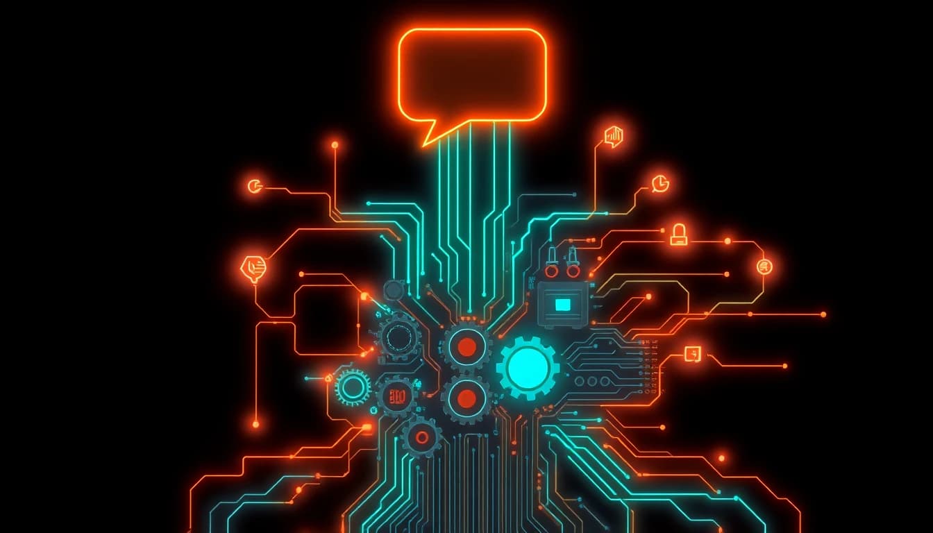 A single glowing chat bubble at the top connected by branching pathways to vast complex machinery underneath