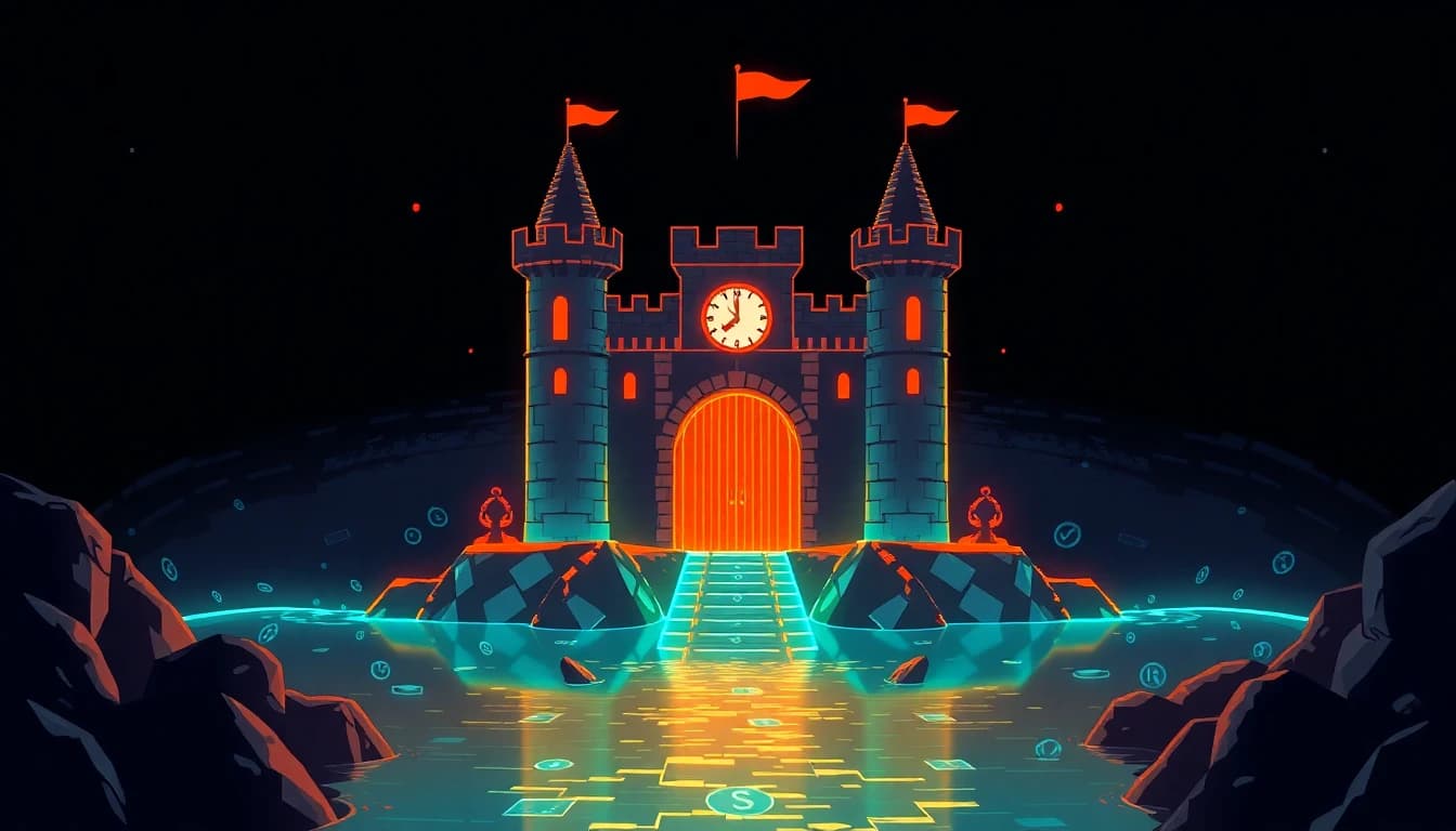 A castle surrounded by a glowing moat made of streaming data and clock symbols, gates open with warm light