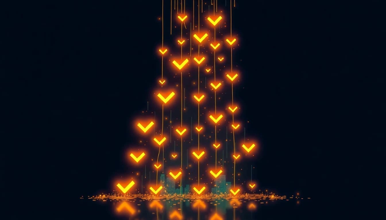 Pixel art abstract visualization of glowing checkmarks cascading down a dark screen, each igniting the next with orange and teal sparks