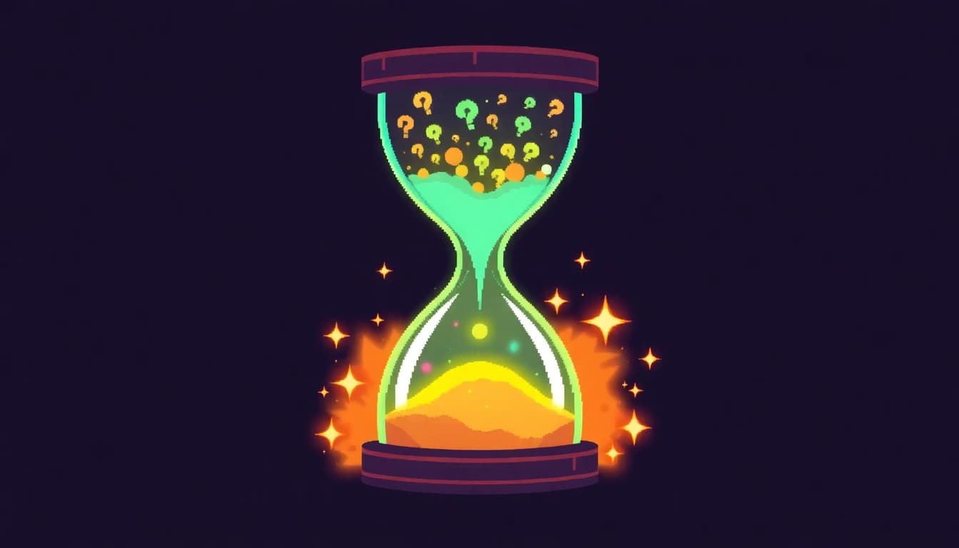 A dramatic glowing hourglass with sand flowing rapidly, question marks transforming into a completed solution