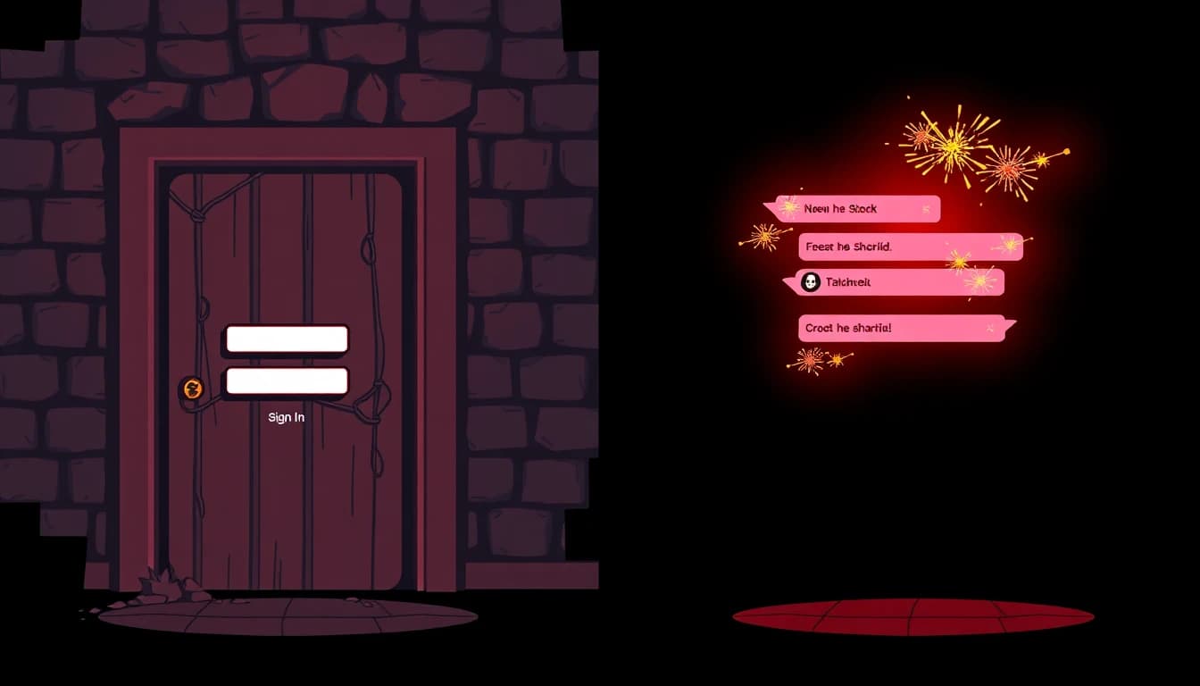 Split-screen comparison: a dusty locked login door versus a bright active Slack channel