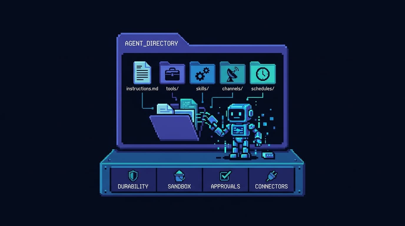 Pixel art of an agent depicted as an open directory of labeled folders — instructions.md, tools, skills, channels, schedules — with a robot assembling itself from the files, on a foundation slab of durability, sandbox, approvals, and connectors