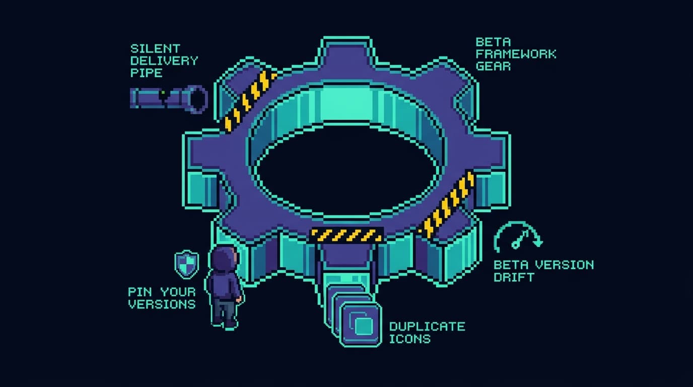 Pixel art of the sharp edges of a tool — a silent-delivery pipe with no error light, a spinning version-drift dial, a stack of duplicate app icons — with a developer holding a 'pin your versions' shield