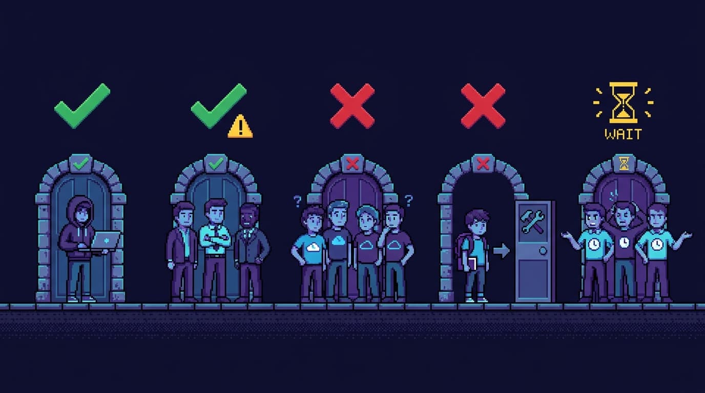 Pixel art lineup of five developer archetypes at their own gates with verdict stamps: solo builder (green check), enterprise (green check with caution flag), multi-cloud team (red x), learner (red x pointed to a build-it-yourself door), ship-this-quarter team (yellow wait sign)
