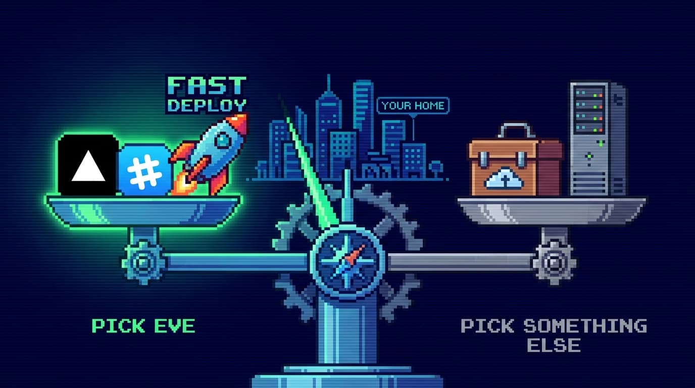 Pixel art decision scale weighing 'pick eve' (Vercel triangle, Slack icon, fast-deploy rocket) against 'pick something else' (portable multi-cloud toolbox, self-hosted server), the needle tilting based on where you already live