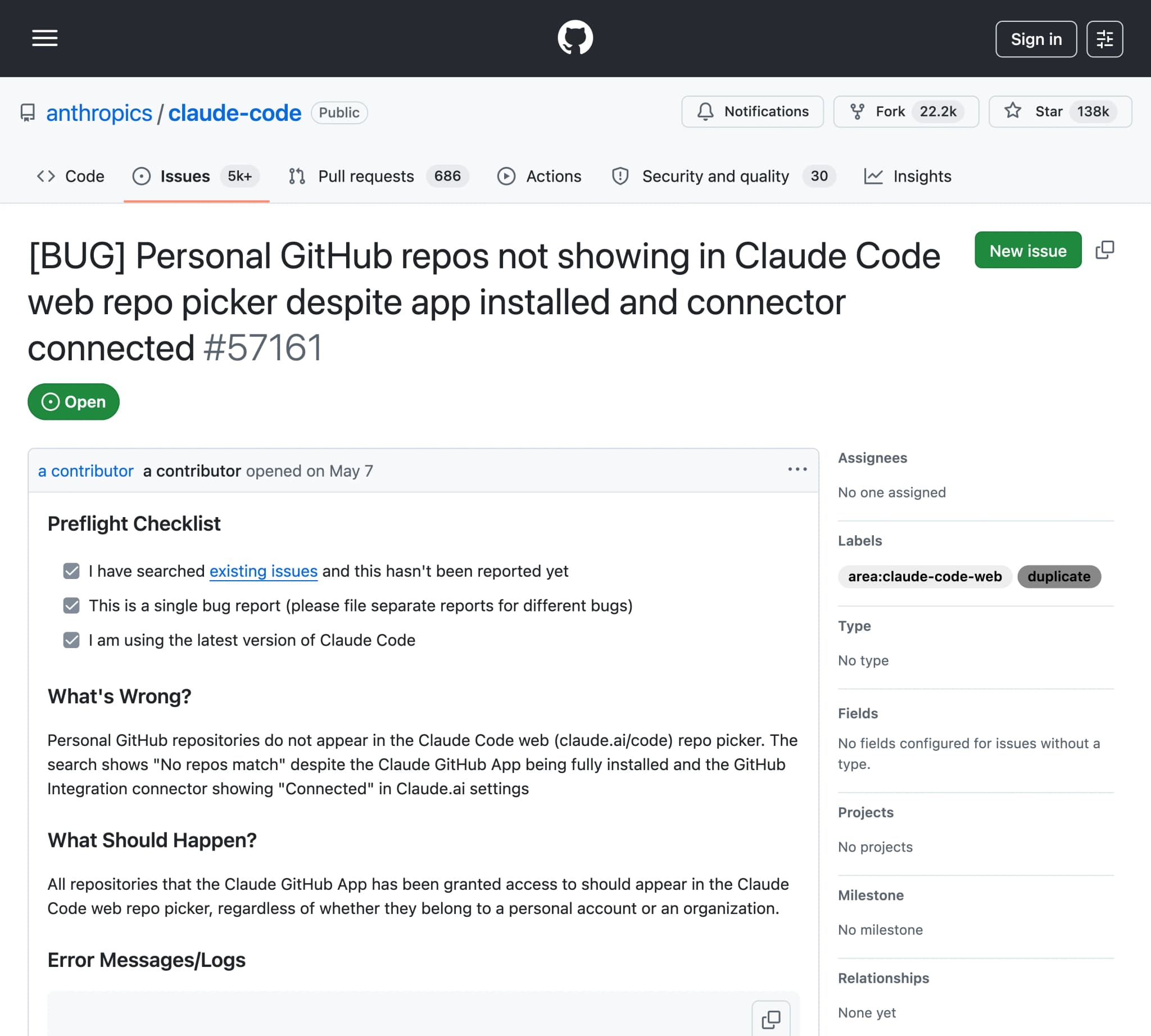 Open GitHub issue #57161 on anthropics/claude-code: 'Personal GitHub repos not showing in Claude Code web repo picker despite app installed and connector connected.' The issue is labeled duplicate and open; the body states repos show 'No repos match' even though the GitHub App is installed and the connector shows Connected