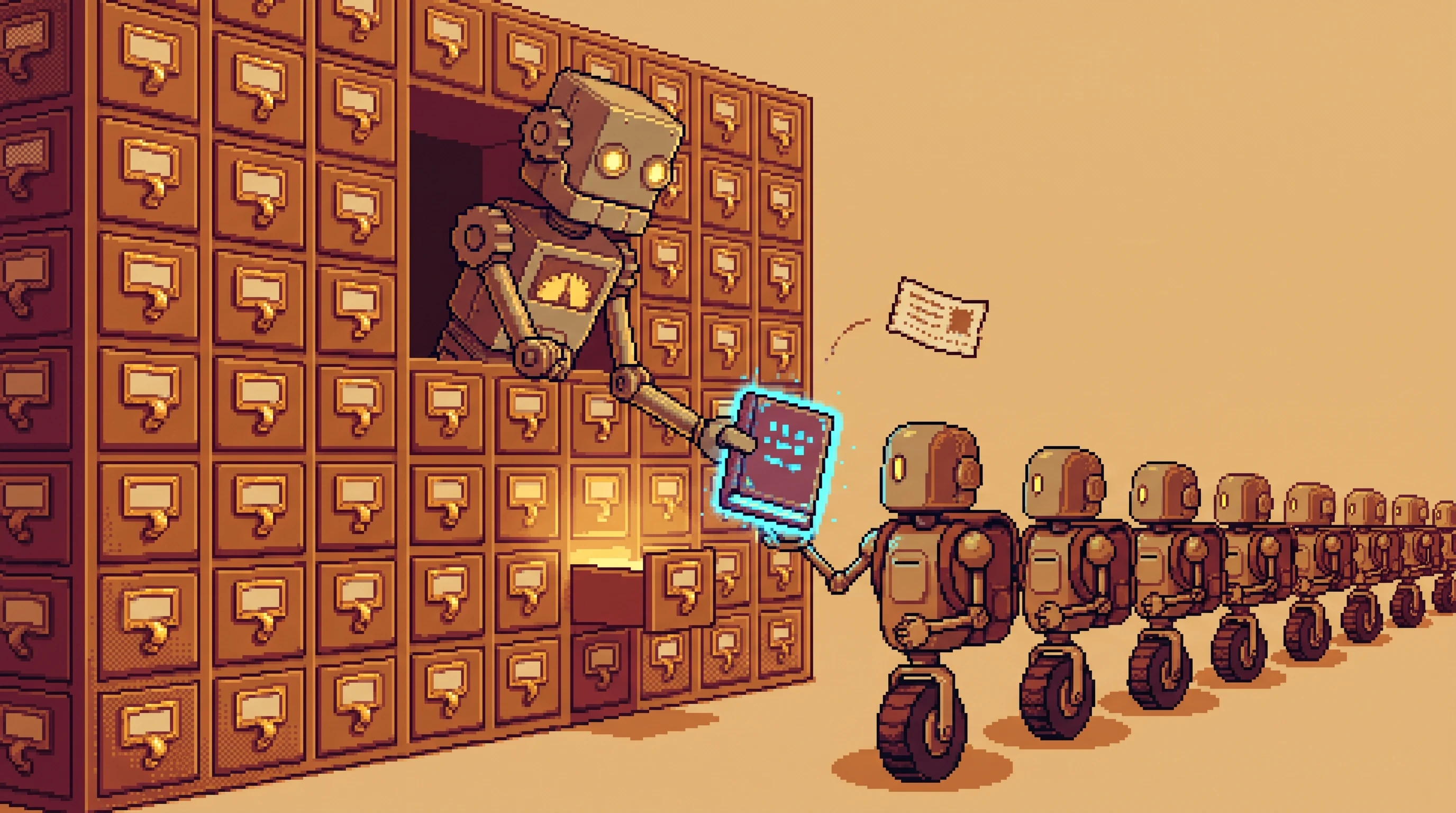 Pixel art: a robot librarian at a giant wall of card-catalog drawers handing the same glowing book to a line of identical robot couriers, one drawer open and shining, a stamped receipt fluttering with each handoff