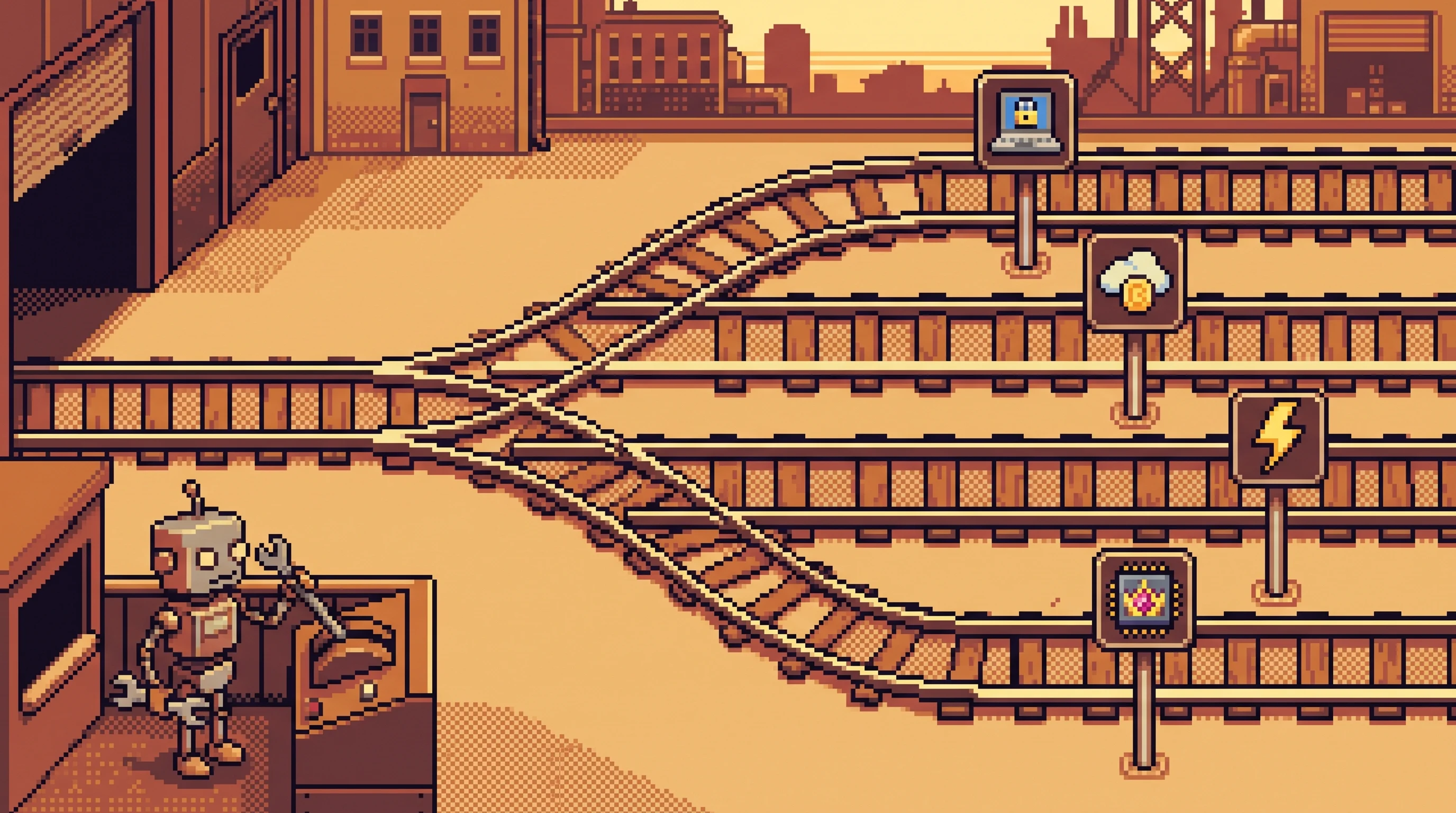 Pixel art: a railway switch yard where one track splits into four lanes marked by signal posts showing a padlocked laptop, a cloud with a coin, a lightning bolt, and a crown chip, while a small robot operator pulls the switch lever