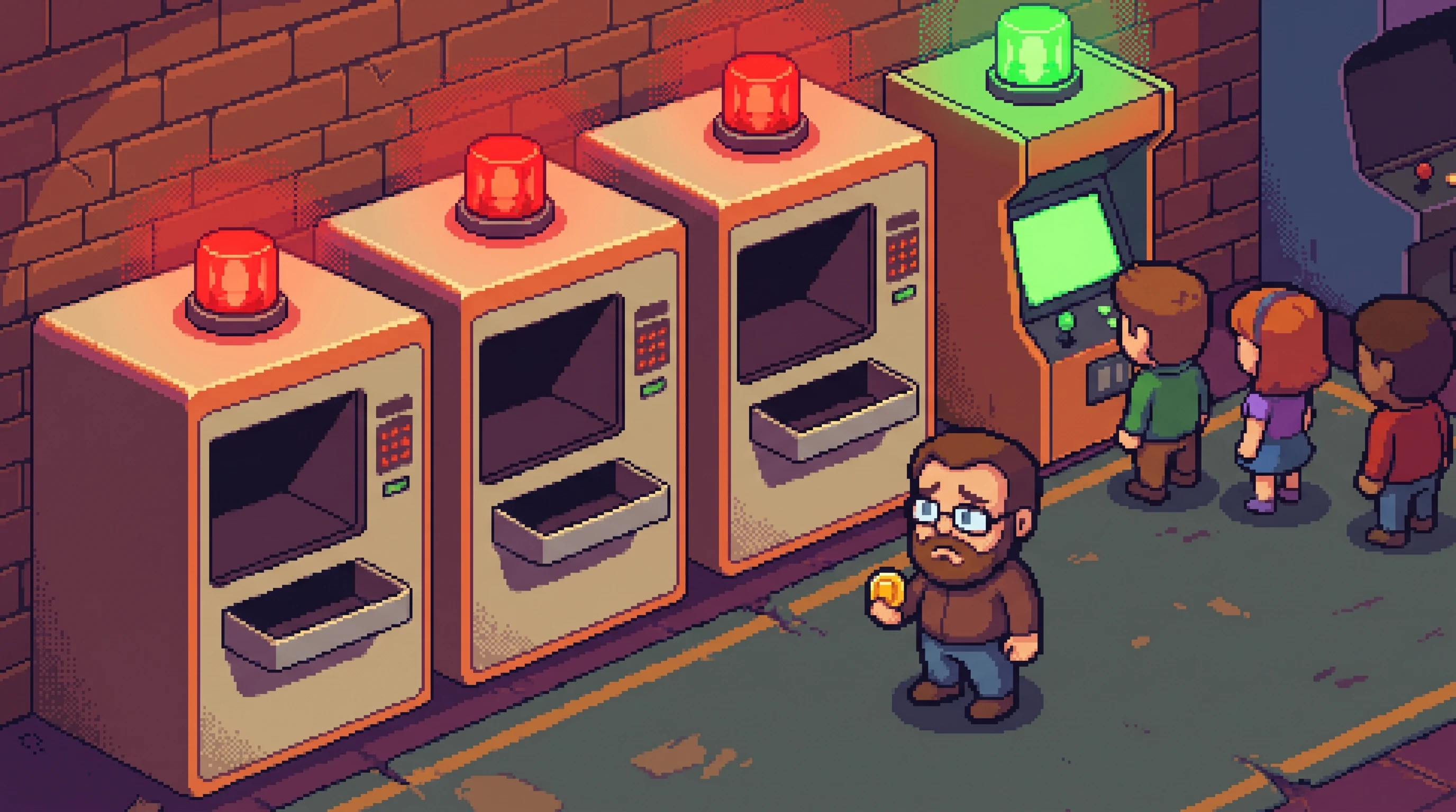 Pixel art: three token vending machines with red sold-out lamps and empty trays, a developer holding a single coin in front of them, and one working kiosk with a green lamp and a short queue at the end of the row