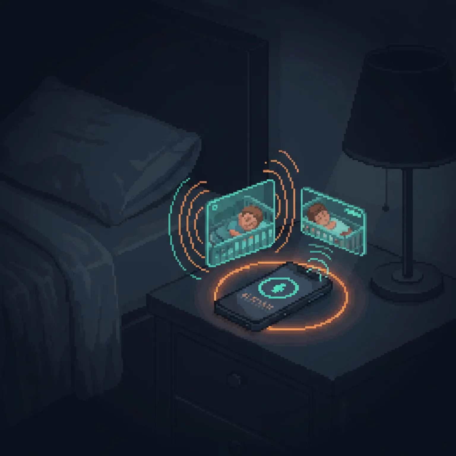 Pixel art of a dark bedroom nightstand at night: a phone on a MagSafe charger showing a picture-in-picture nursery camera feed, with a second glowing camera feed and sound-wave icons indicating audio from two kids' rooms