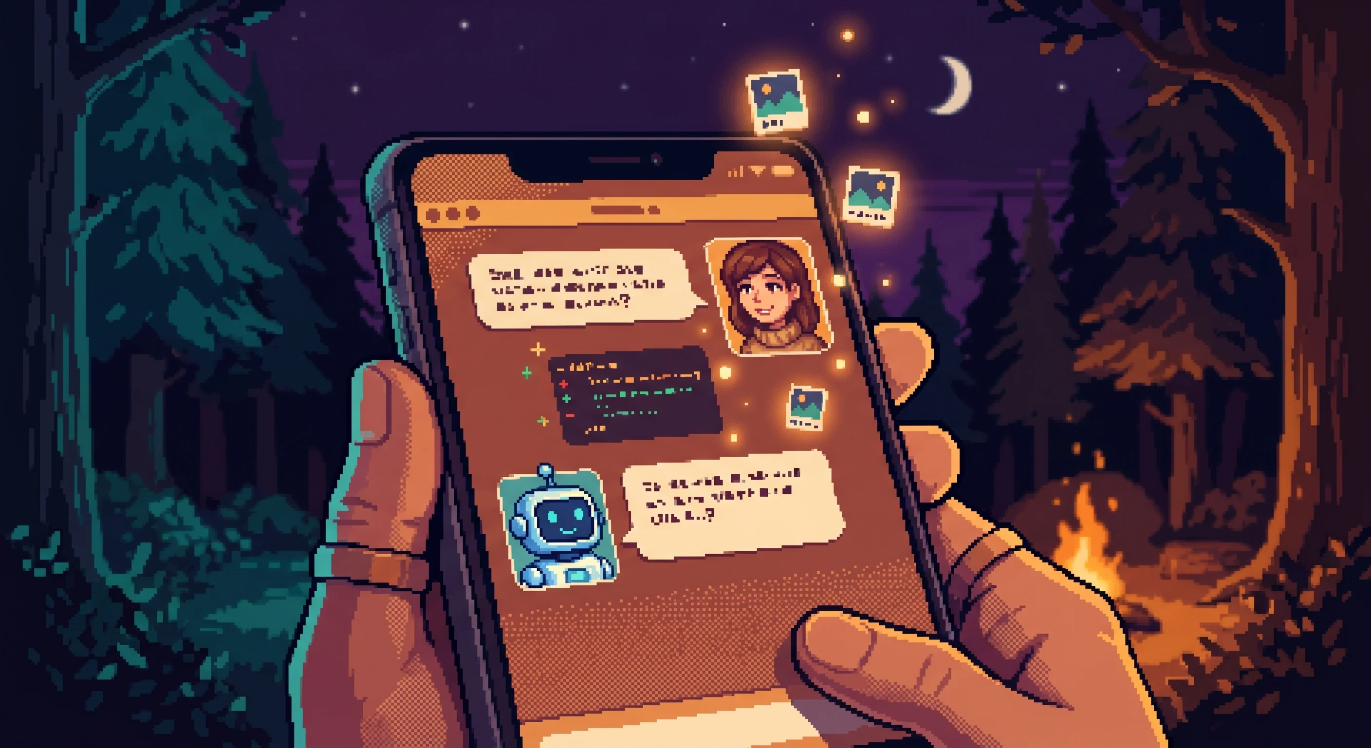 Pixel art of a phone screen showing a Discord conversation between a human and a bot, with code diffs and image thumbnails floating between the messages