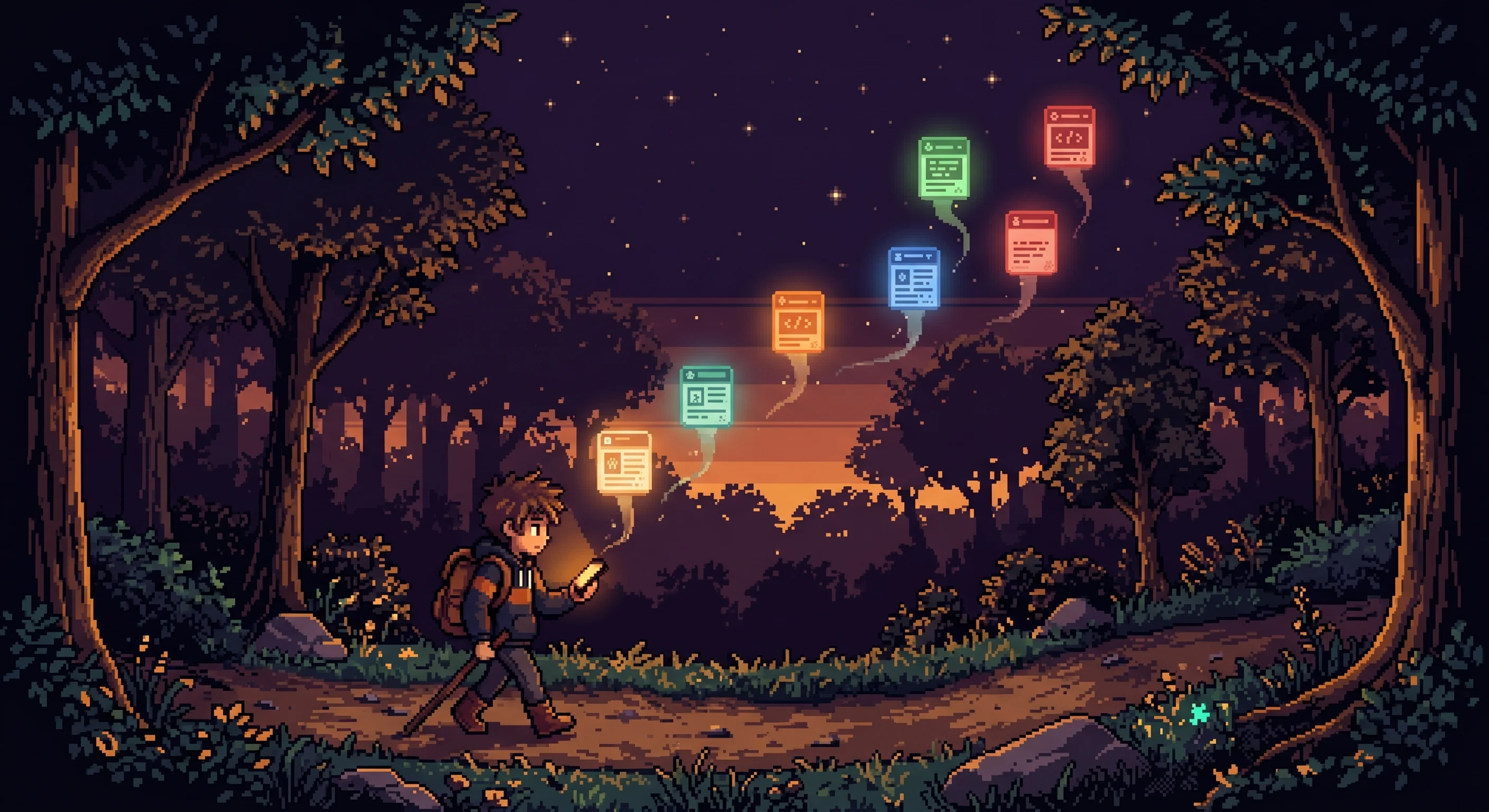 Pixel art of a developer walking through a forest trail, phone in hand, while ghostly blog post thumbnails float up from the screen into the sky like lanterns