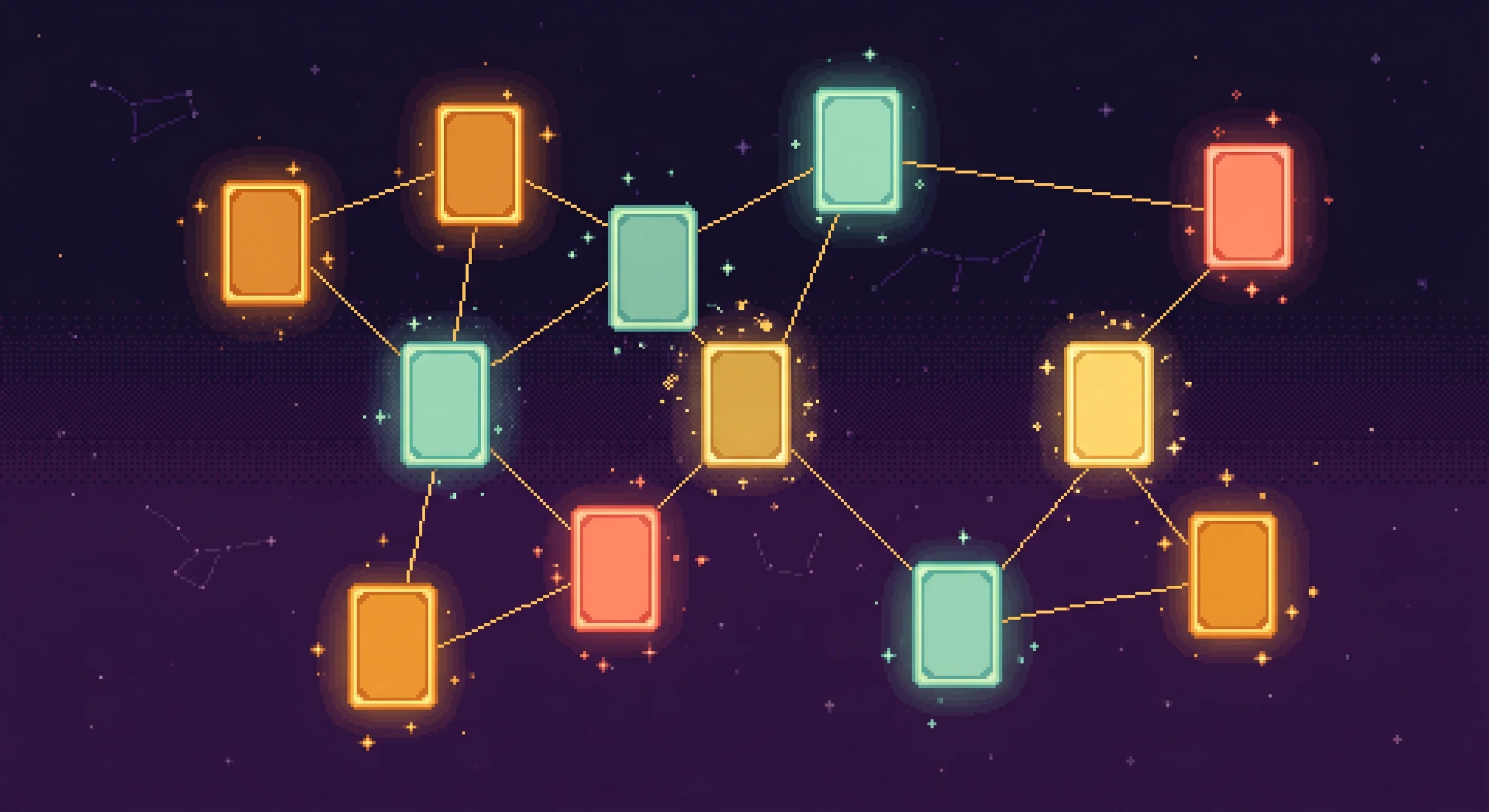 Pixel art showing 9 glowing blog post cards arranged in a constellation pattern, with lines connecting related posts, floating over a dark starfield