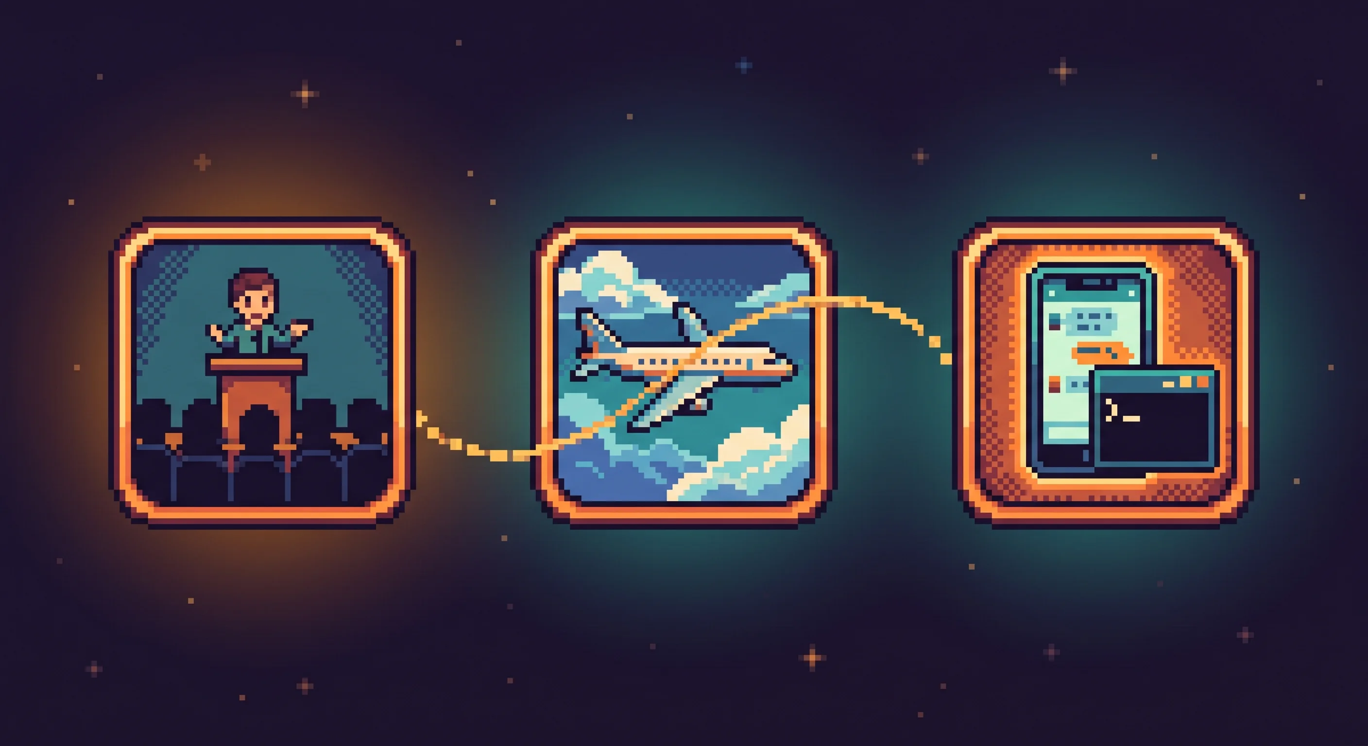 Pixel art timeline showing a speaker at a conference podium on the left, an airplane in the middle, and a phone with Discord and terminal apps glowing on the right, connected by a dotted golden line