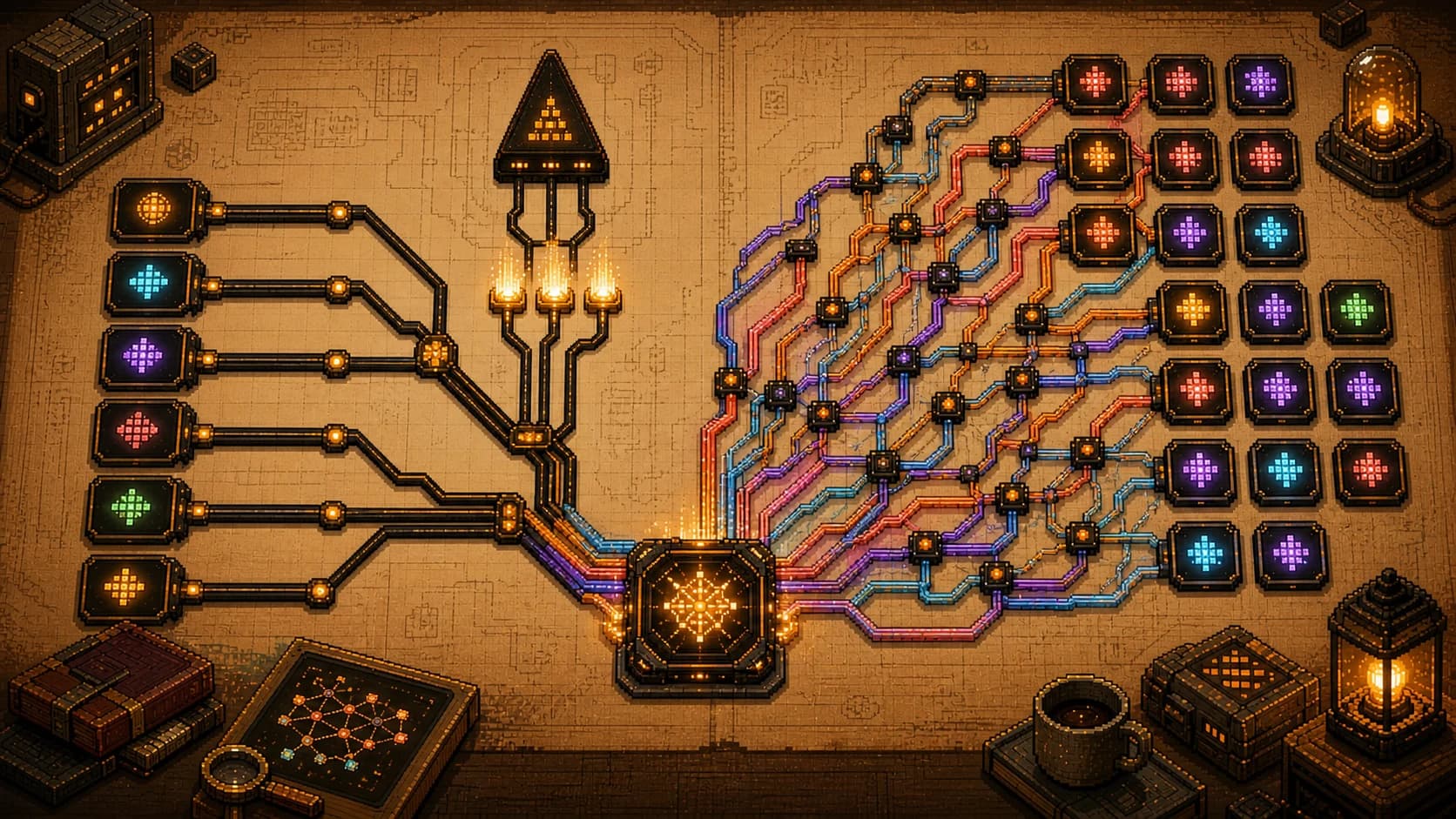 Pixel-art routing diagram with a small set of provider routes on the left and a dense network of independent provider routes on the right
