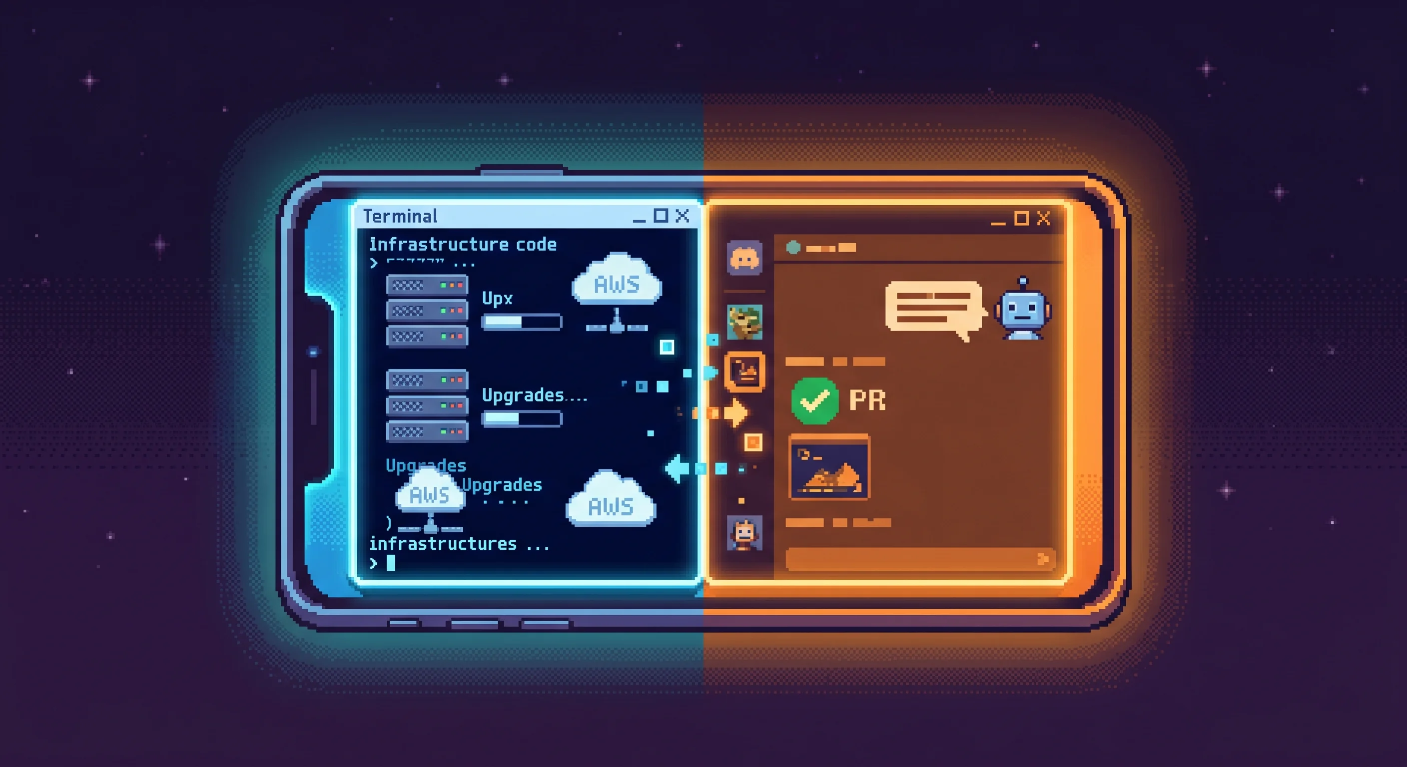 Pixel art of a phone screen split in two — one half showing a terminal with infra commands, the other showing a Discord chat with a content bot