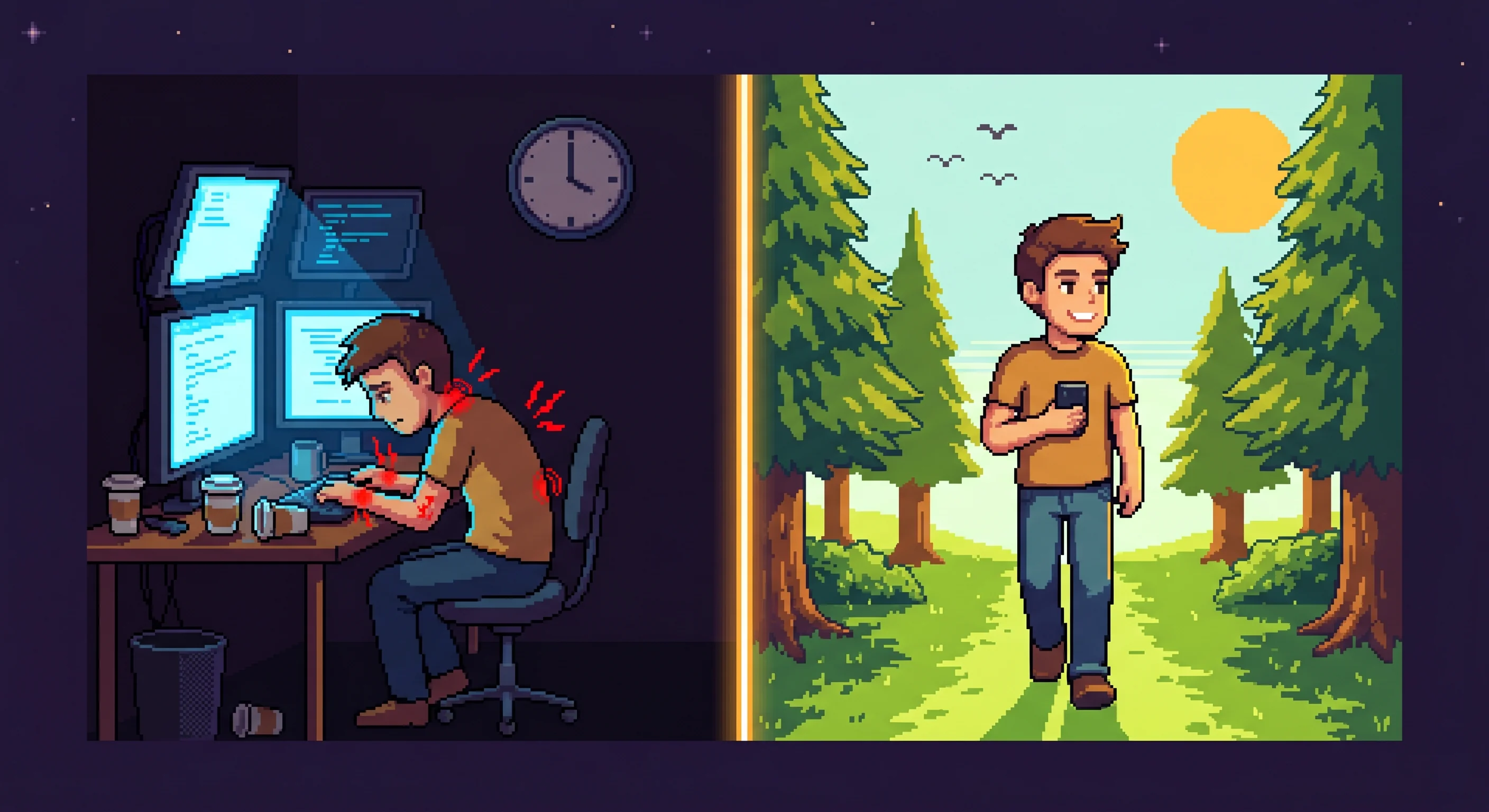 Pixel art contrasting a hunched developer at a desk in pain versus the same developer walking freely on a trail with phone in hand
