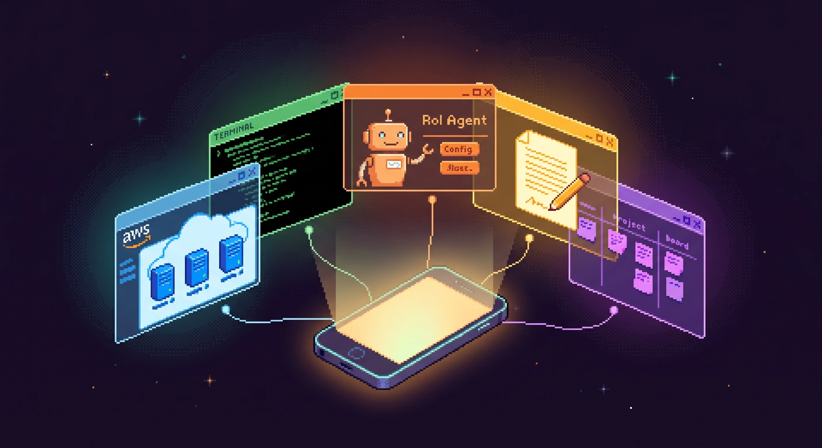 Pixel art of a phone with multiple glowing session windows fanning out — AWS console, code editor, agent terminal, and writing app