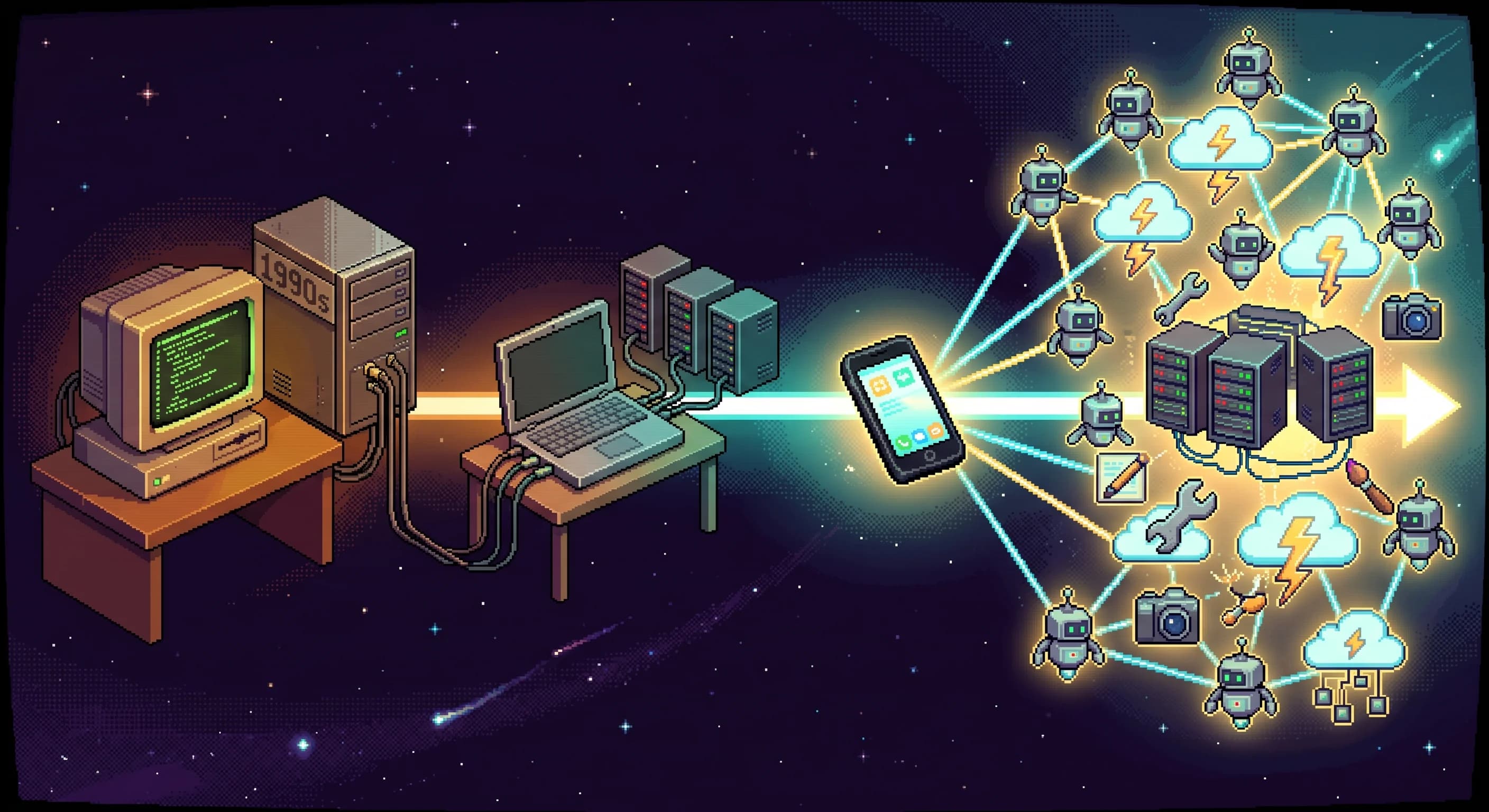 Pixel art timeline showing evolution from desktop terminal to laptop to phone controlling a constellation of AI agents