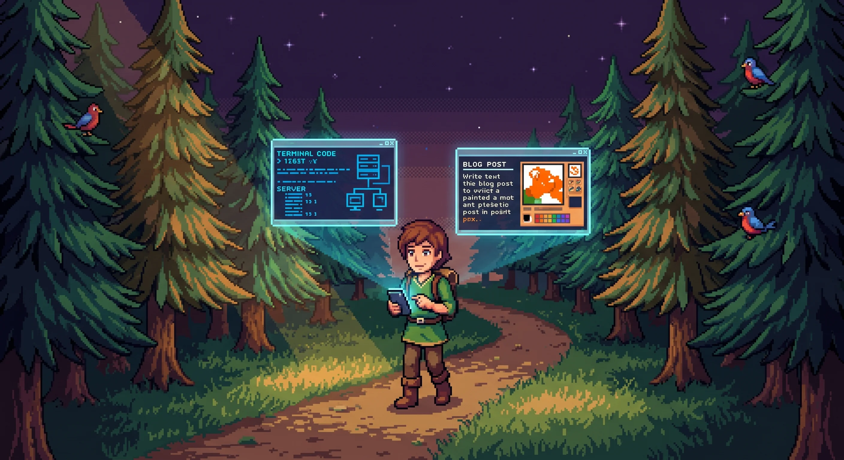 Pixel art of a developer on a forest trail talking to their phone while AI agents work on floating holographic screens