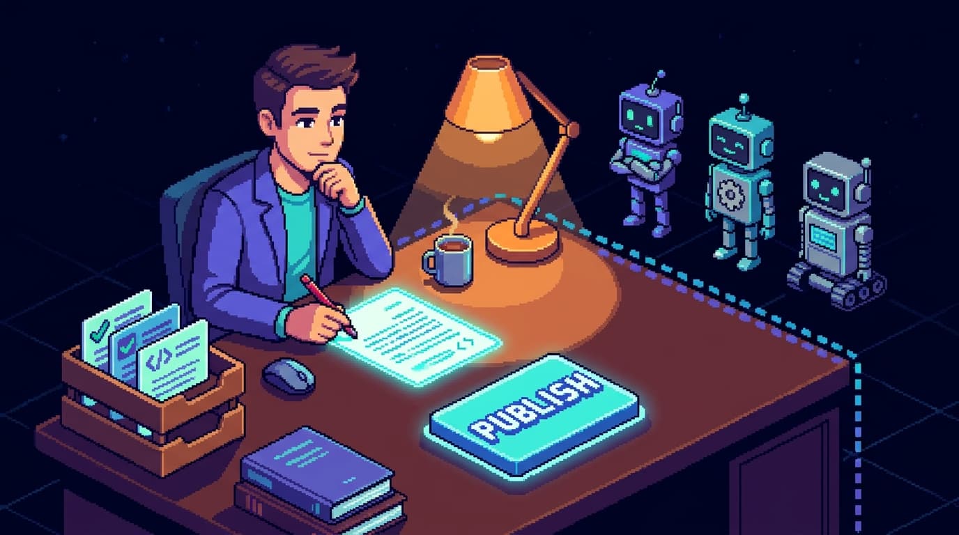 Pixel art of a human editor at a desk with a red pen over a glowing draft, three finished pull-request cards stacked in an inbox tray beside them, a PUBLISH button under the human's hand and a dotted line keeping three small robots on the far side of the desk