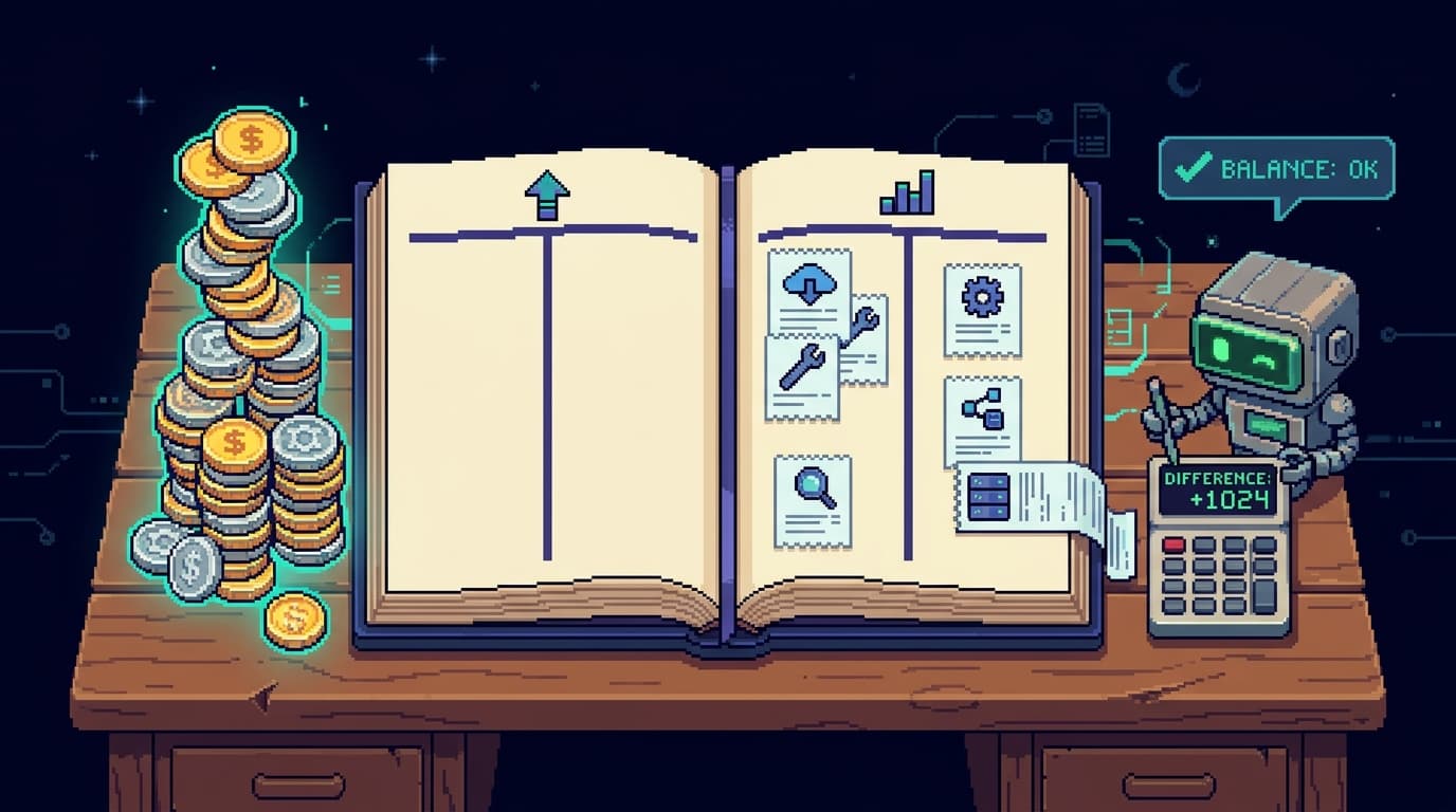 Pixel art of an open ledger book on a desk, two columns — a stack of coins labeled IN on the left, a row of small service-icon receipts labeled OUT on the right — with a calculator and a tiny robot accountant tallying the difference