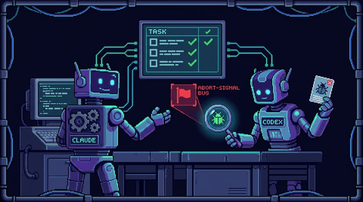 Pixel art of two AI coding agents pair-building at a shared workbench: one labeled Claude orchestrating and writing, one labeled Codex reviewing with a magnifying glass and flagging an abort-signal bug, with a shared task board syncing them