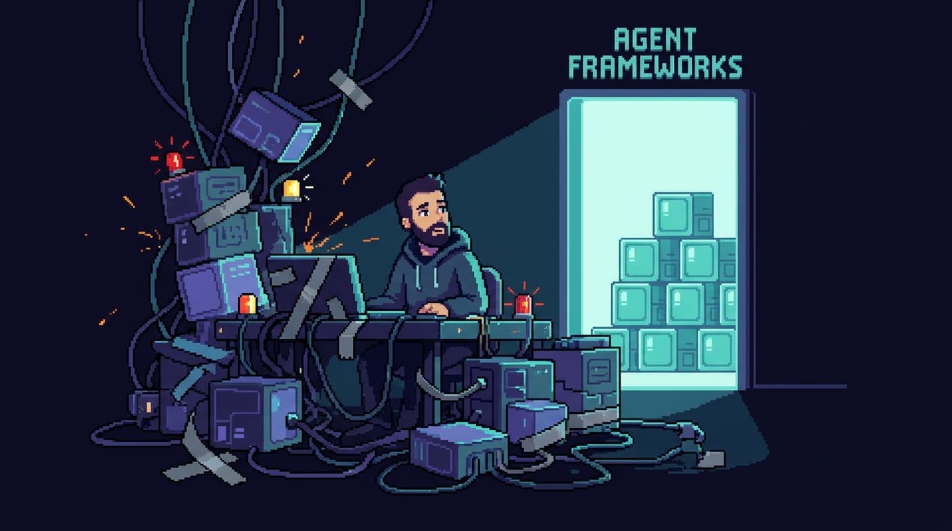 Pixel art of a developer at a workbench surrounded by tangled, sparking glue code connecting mismatched blocks, looking toward a clean doorway labeled agent frameworks with tidy modular boxes beyond